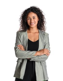 Beautiful woman in stylish jacket on white background