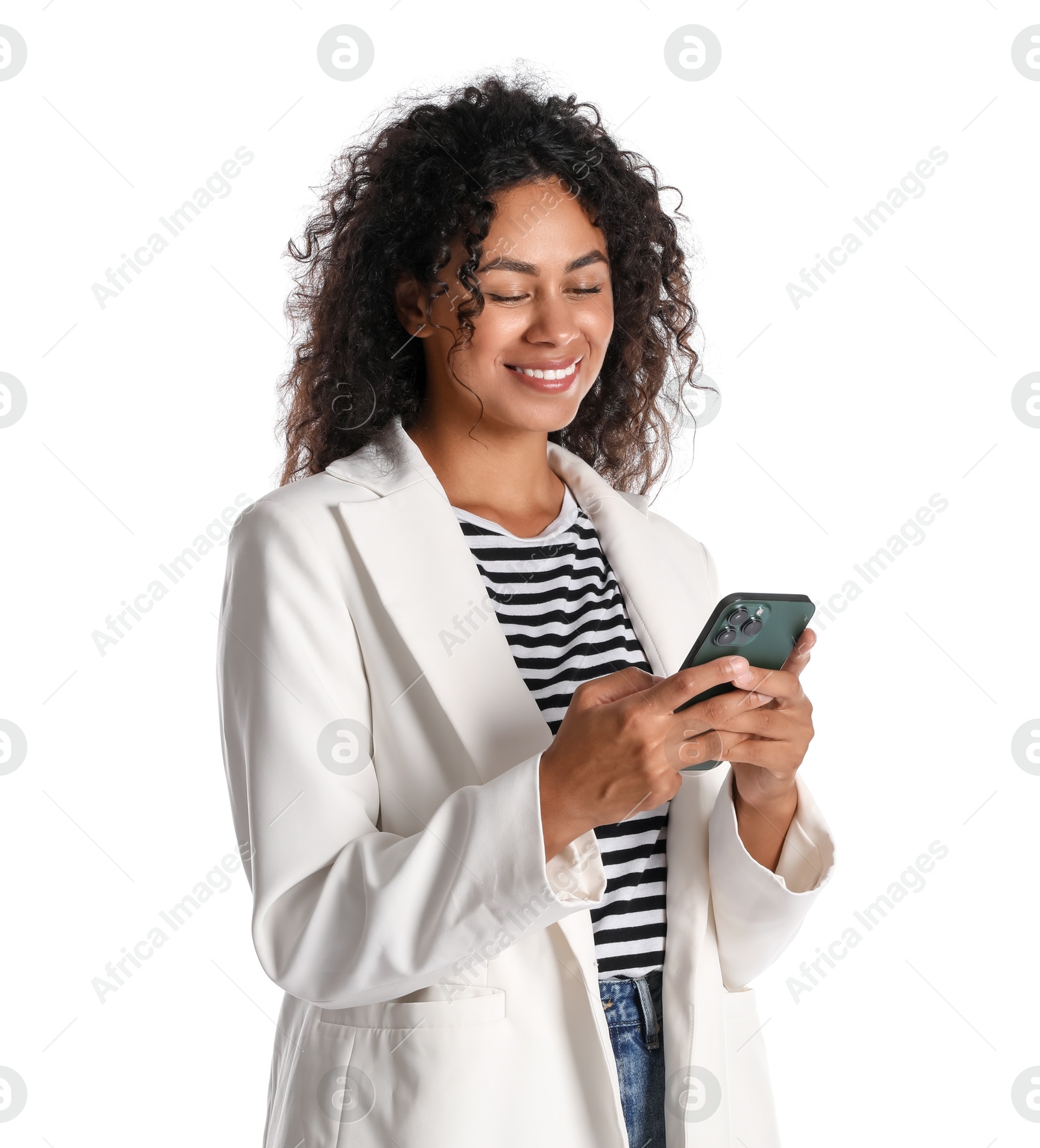 Photo of Beautiful woman in stylish jacket using smartphone on white background