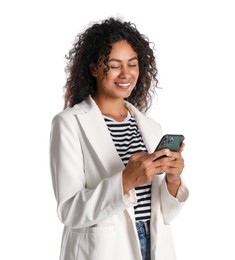 Photo of Beautiful woman in stylish jacket using smartphone on white background