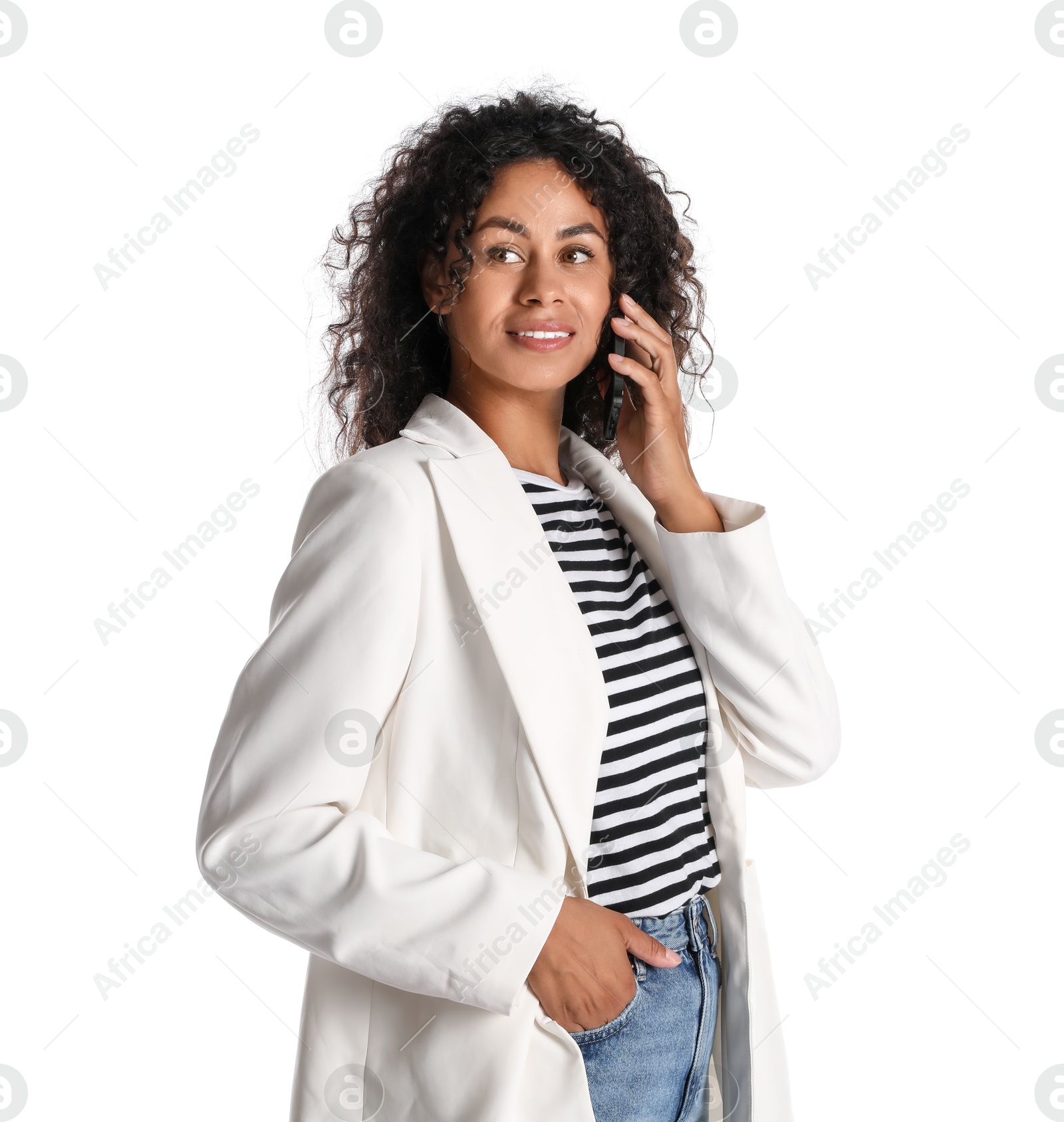 Photo of Beautiful woman in stylish jacket talking on smartphone against white background