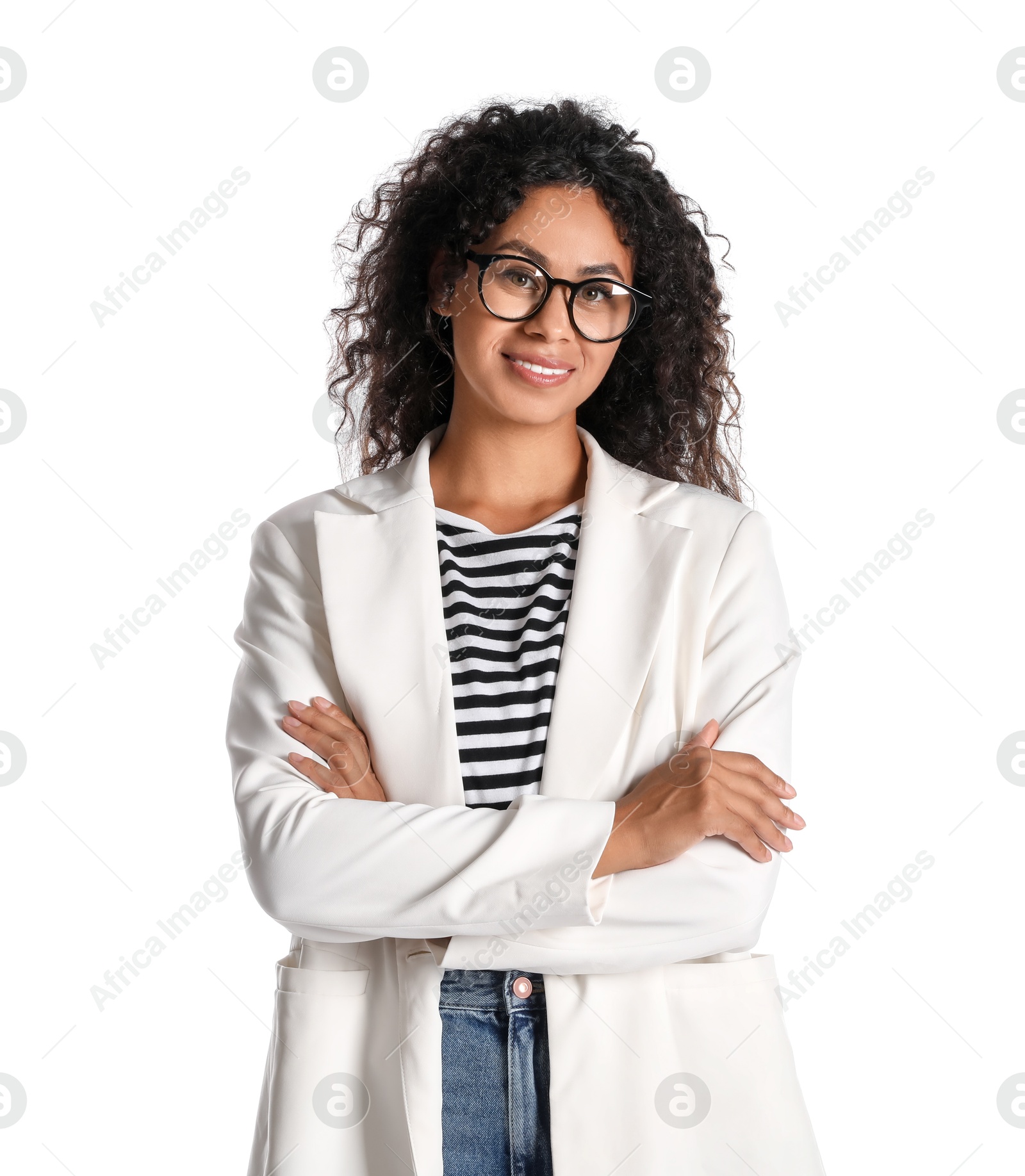 Photo of Beautiful woman in stylish jacket on white background