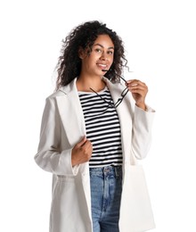 Photo of Beautiful woman in stylish jacket on white background