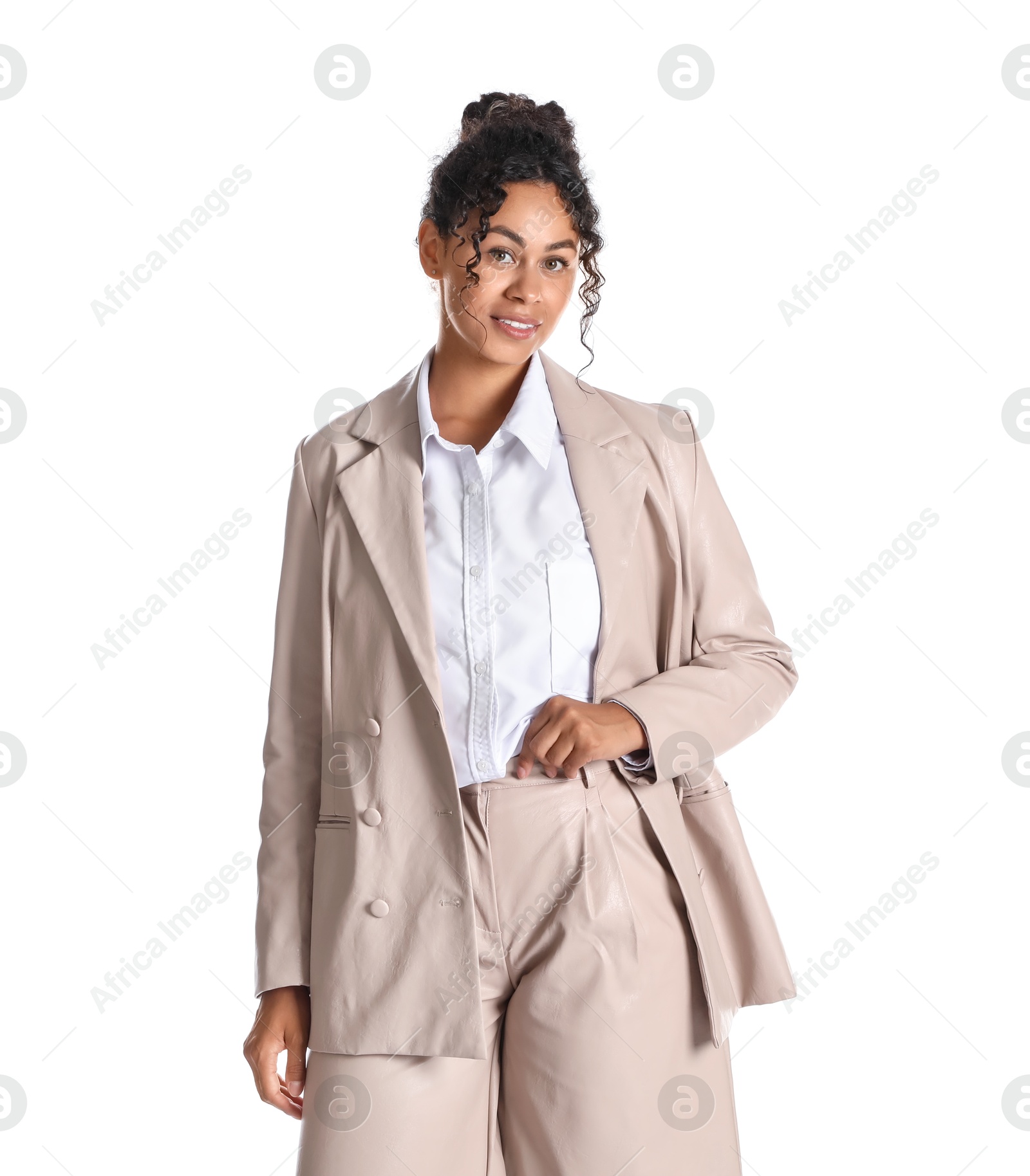 Photo of Beautiful woman in stylish jacket on white background