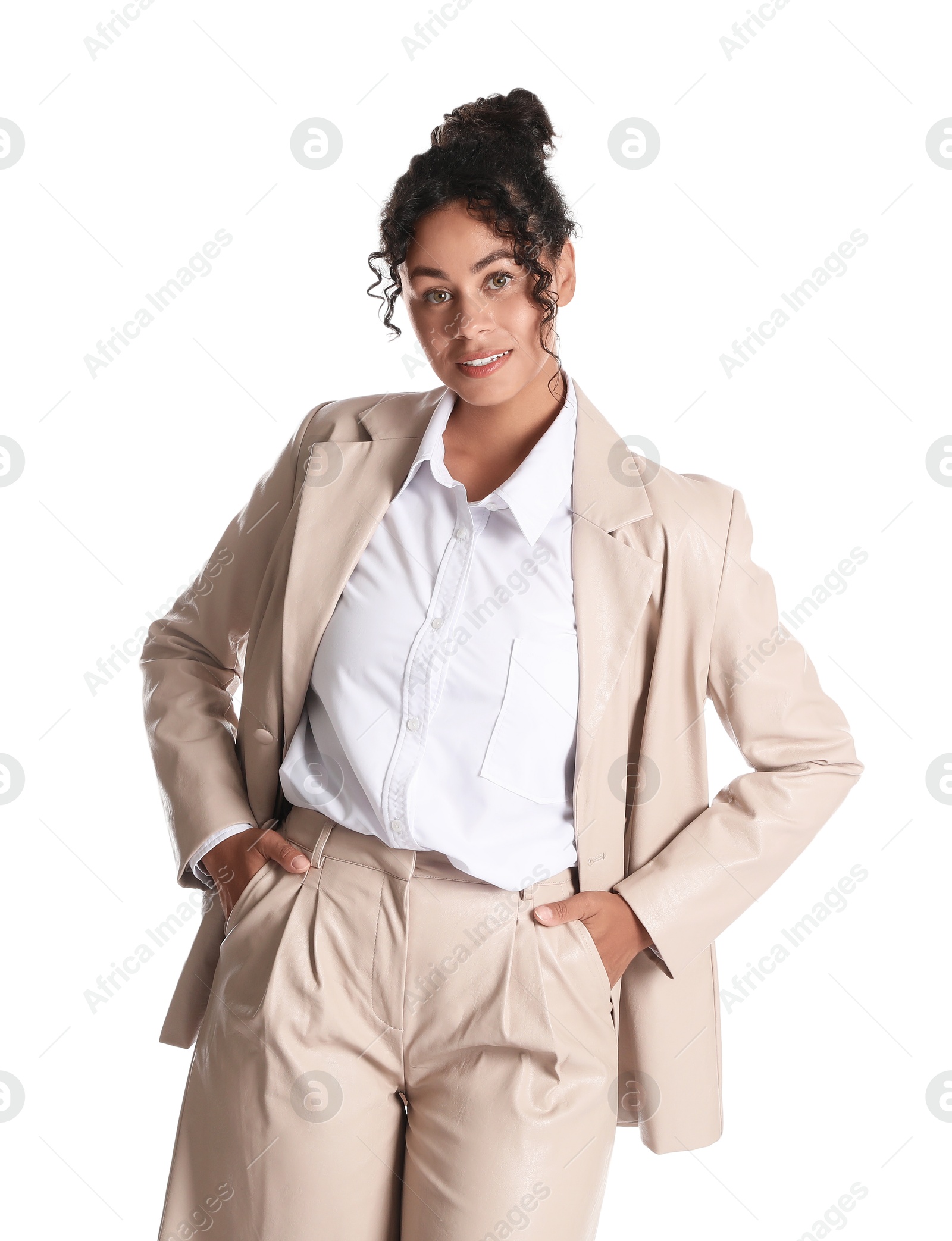 Photo of Beautiful woman in stylish jacket on white background