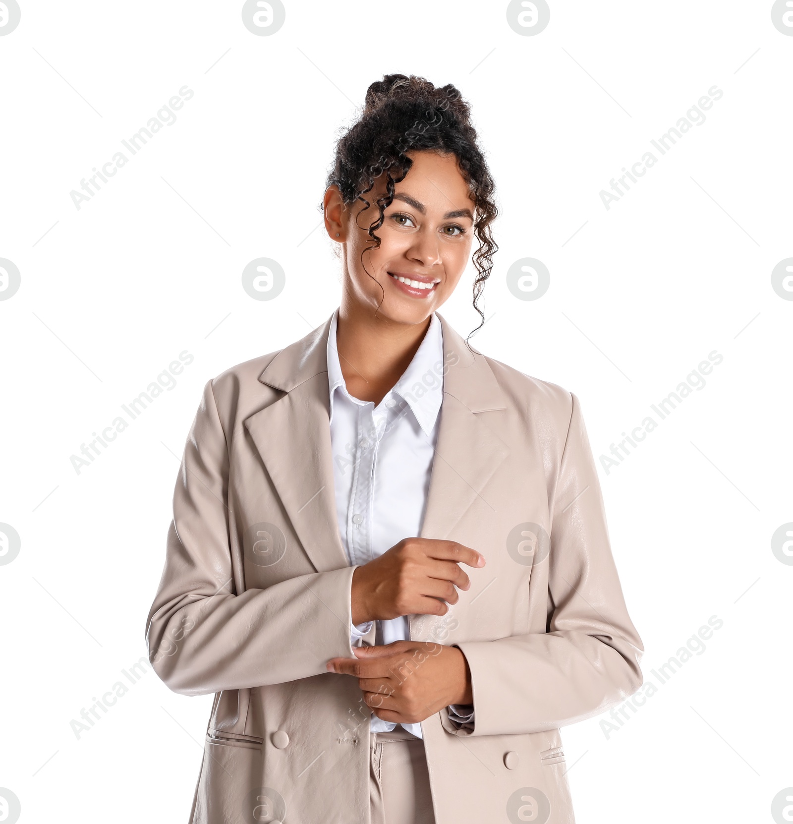 Photo of Beautiful woman in stylish jacket on white background