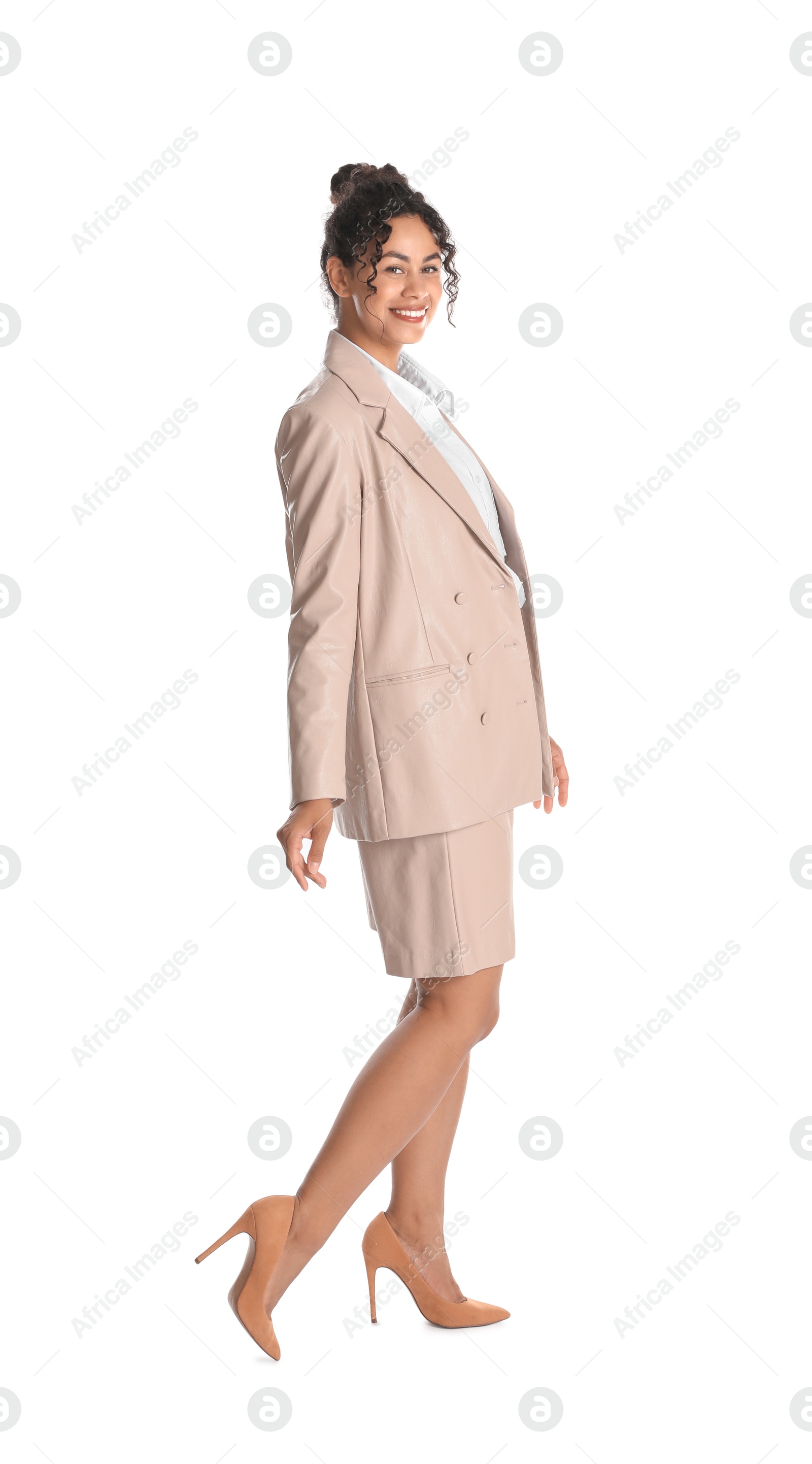 Photo of Beautiful woman in stylish jacket on white background