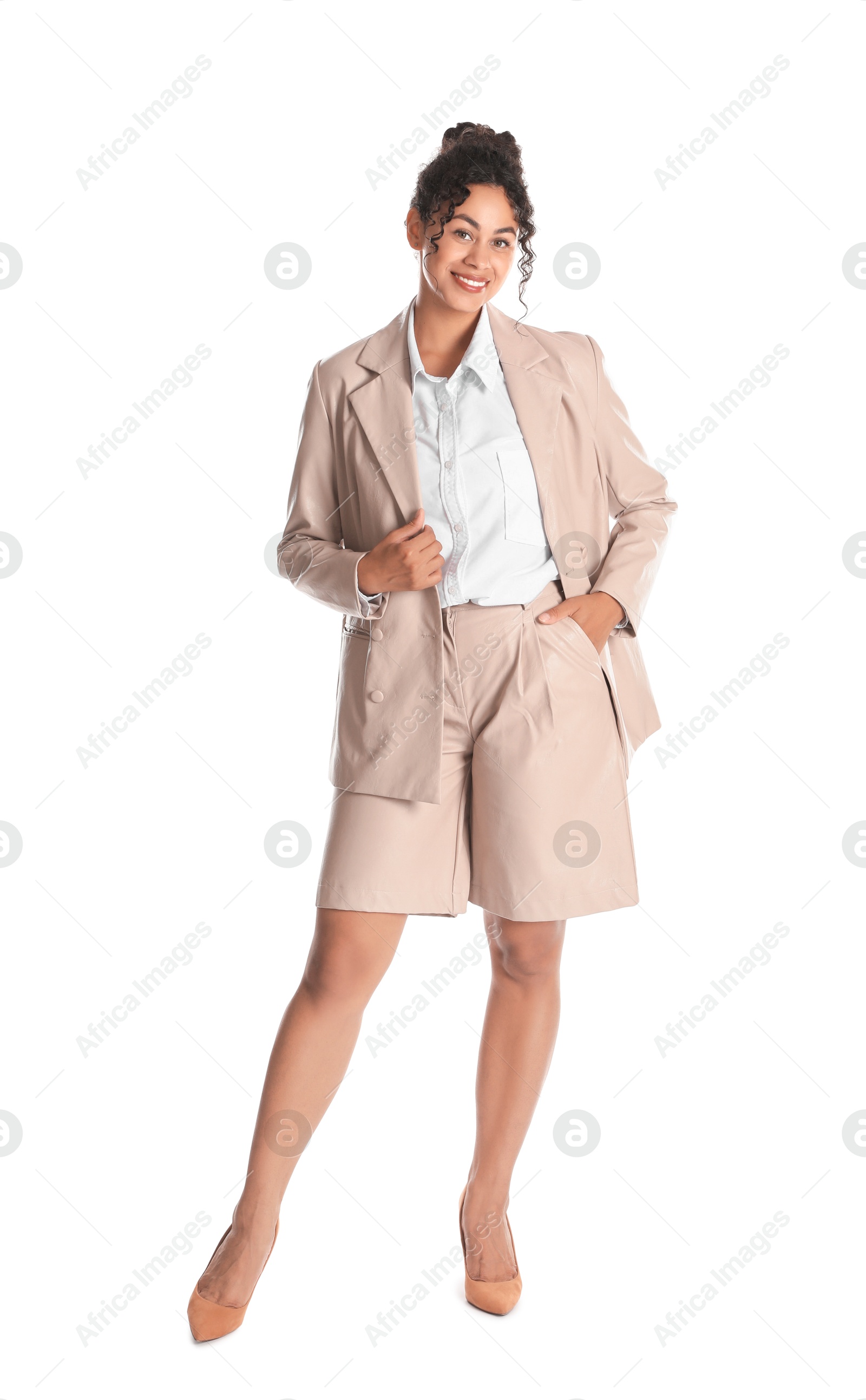 Photo of Beautiful woman in stylish jacket on white background