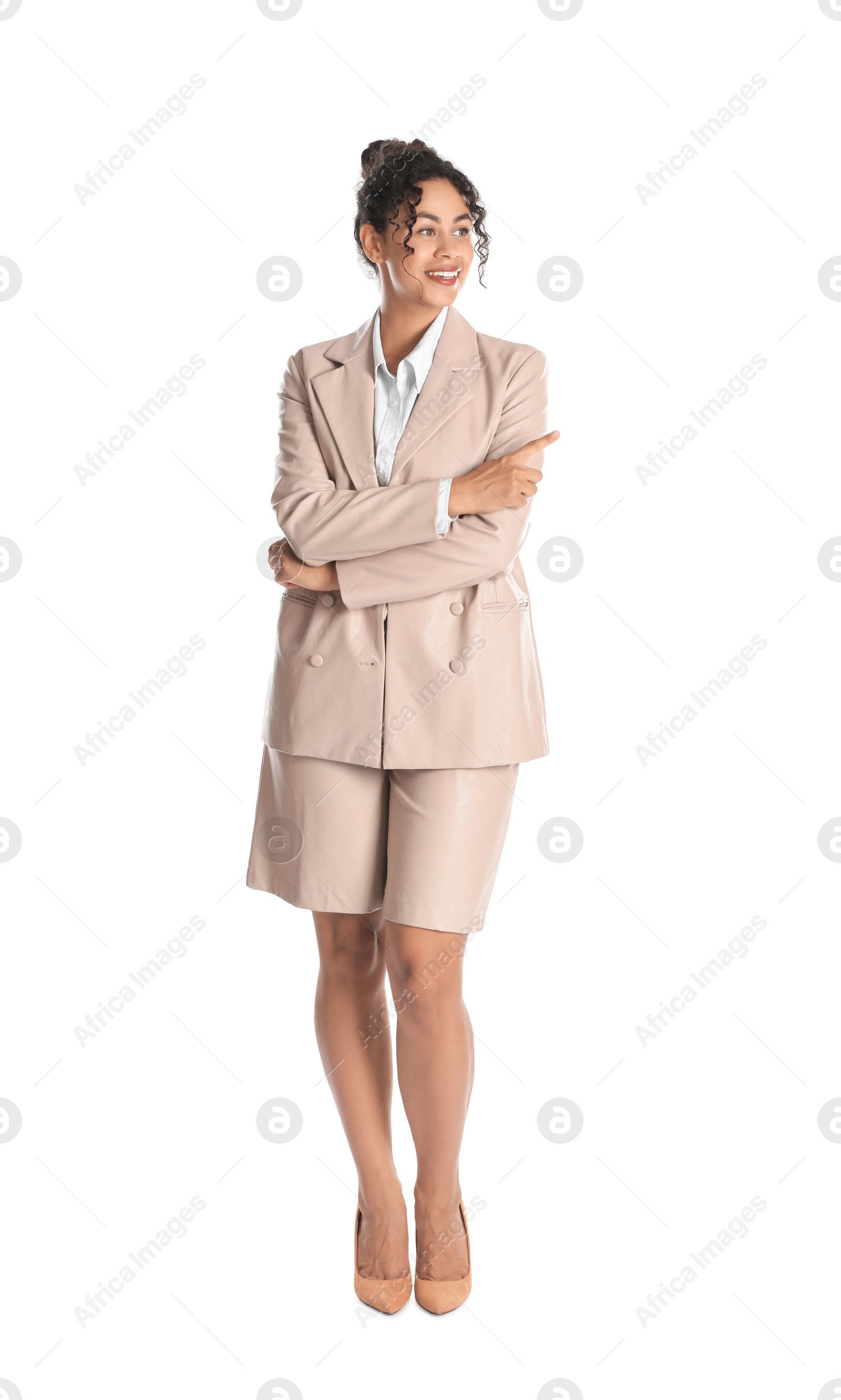 Photo of Beautiful woman in stylish jacket on white background