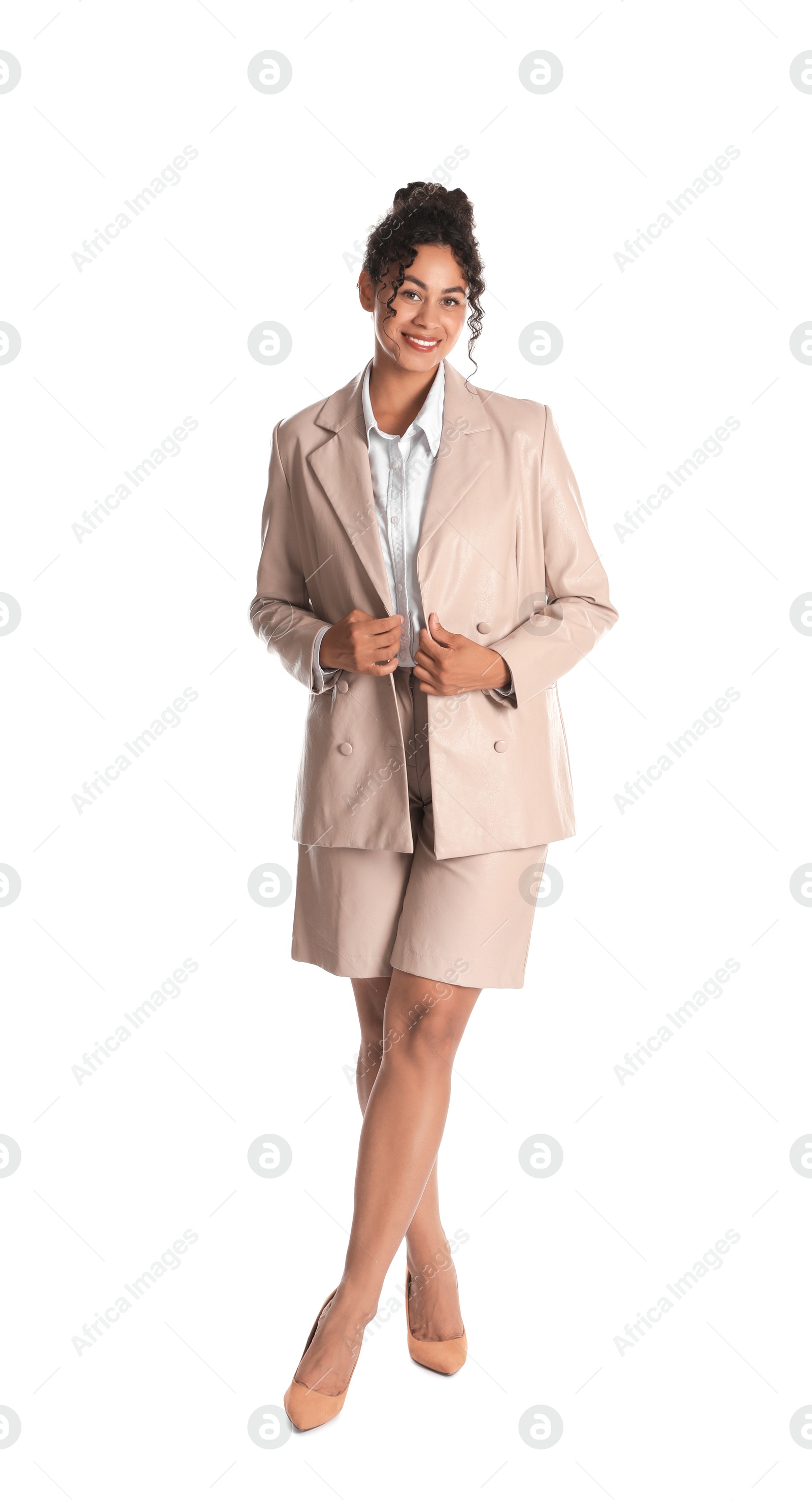 Photo of Beautiful woman in stylish jacket on white background