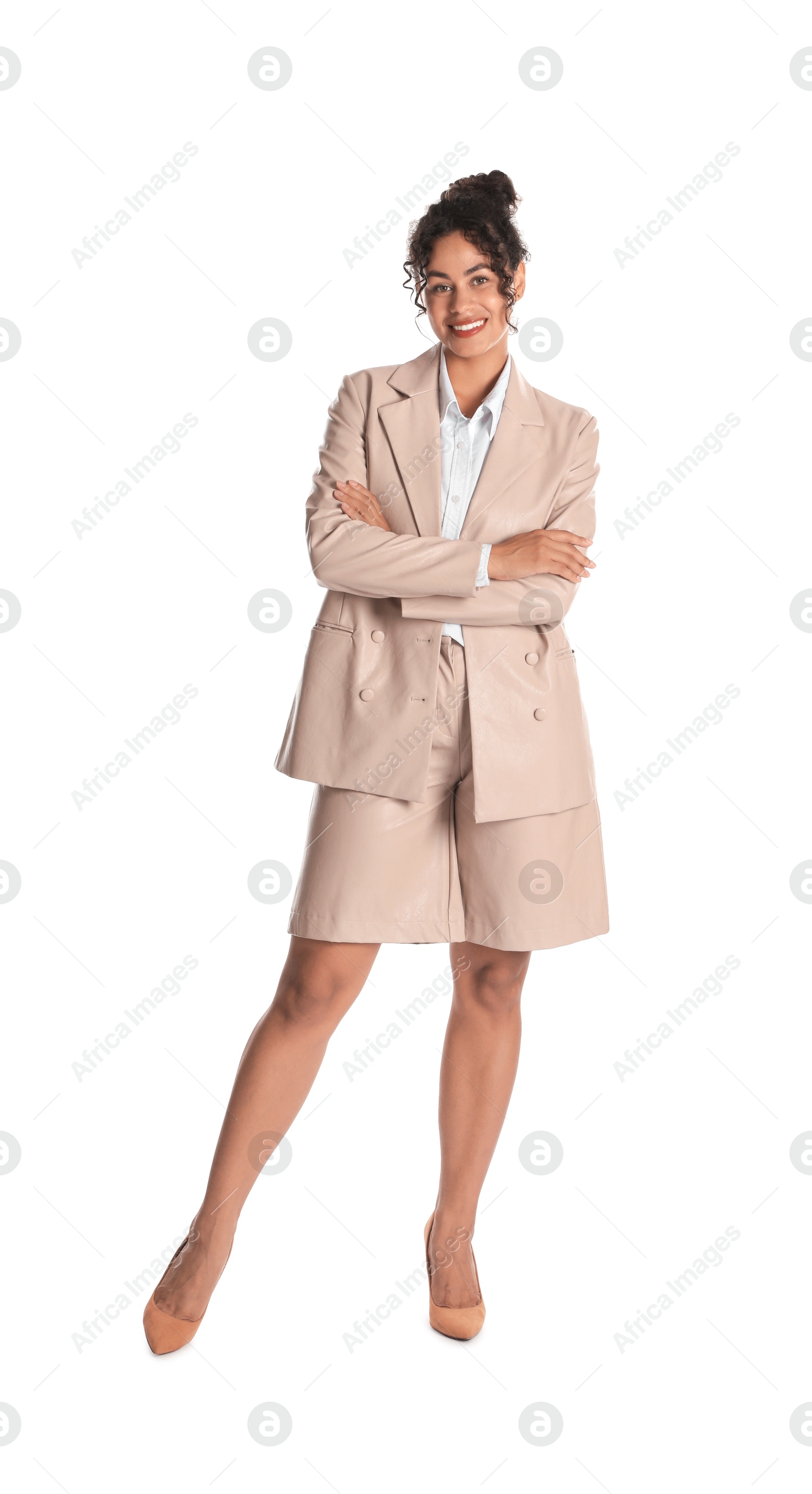 Photo of Beautiful woman in stylish jacket on white background