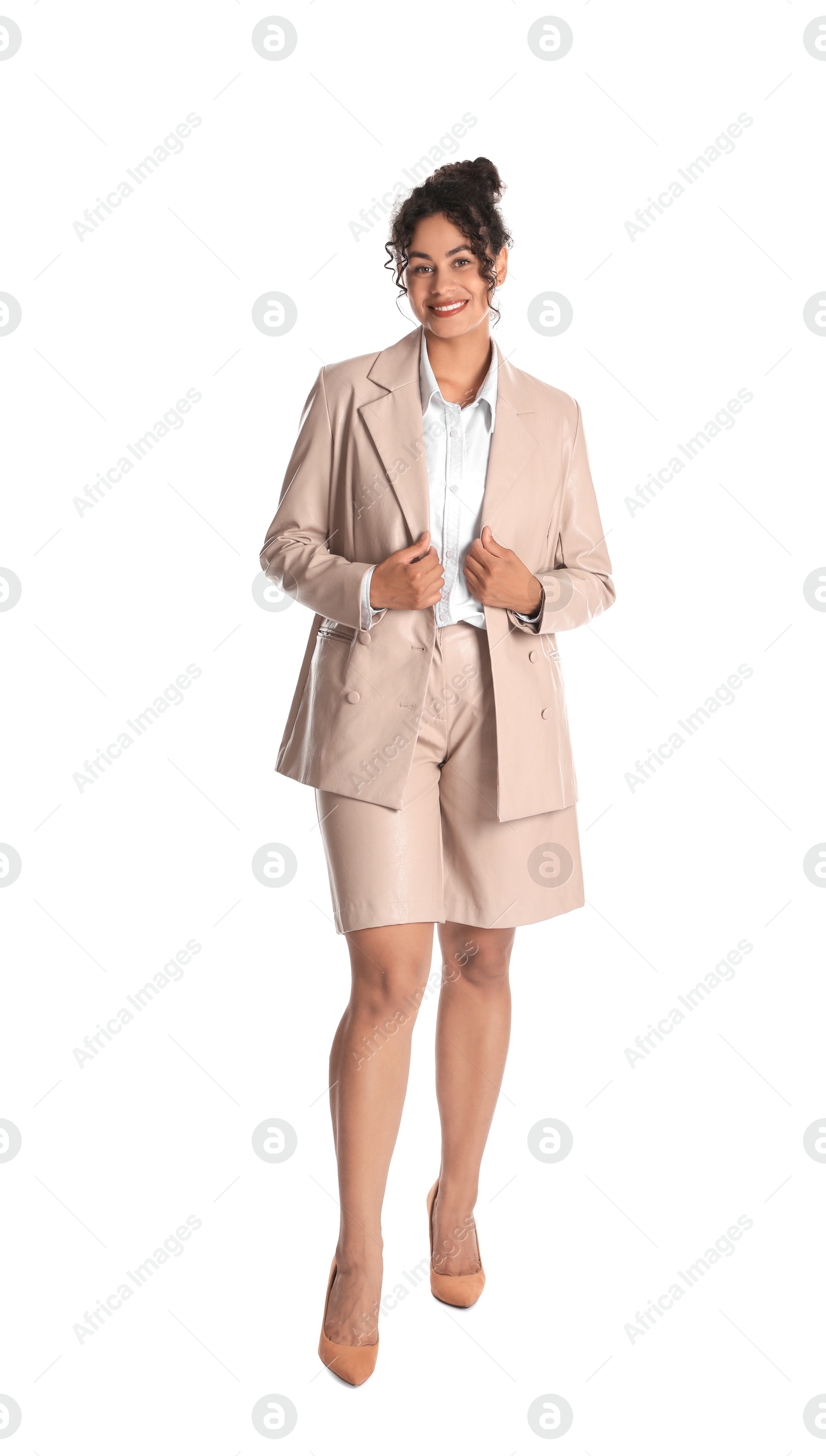 Photo of Beautiful woman in stylish jacket on white background