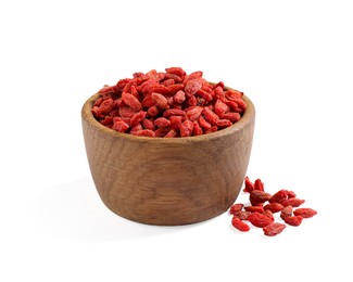 Photo of Dried goji berries in bowl isolated on white