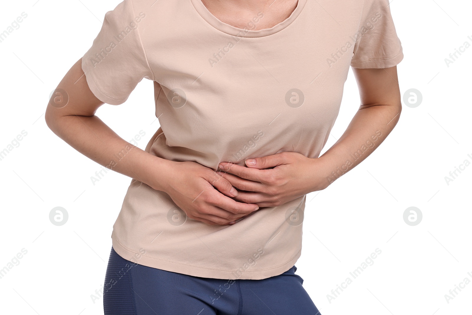 Photo of Indigestion problem. Woman suffering from stomachache, closeup