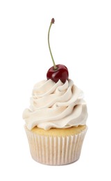 Photo of Delicious cupcake with cream and cherry isolated on white