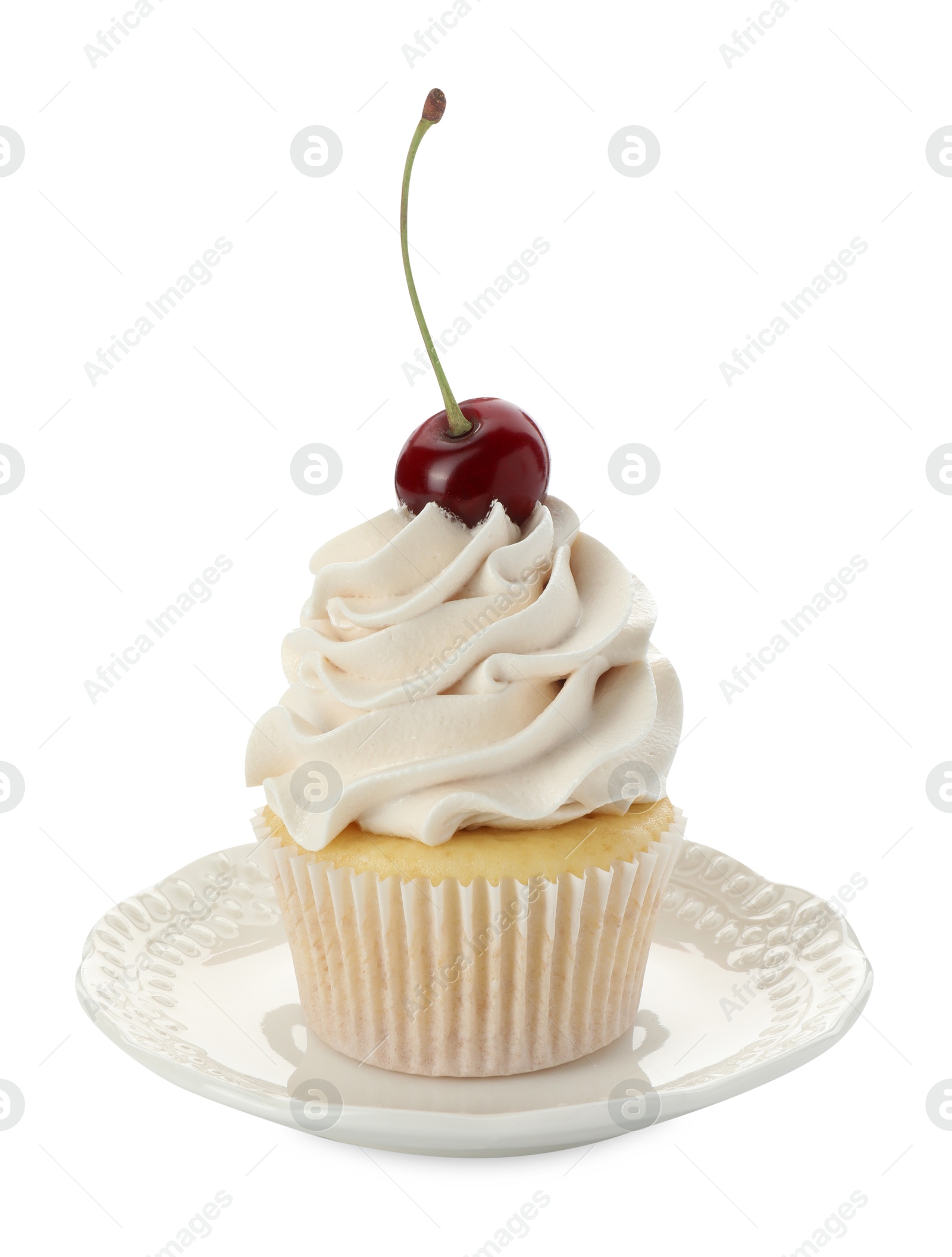 Photo of Delicious cupcake with cream and cherry isolated on white