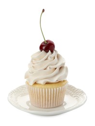 Photo of Delicious cupcake with cream and cherry isolated on white