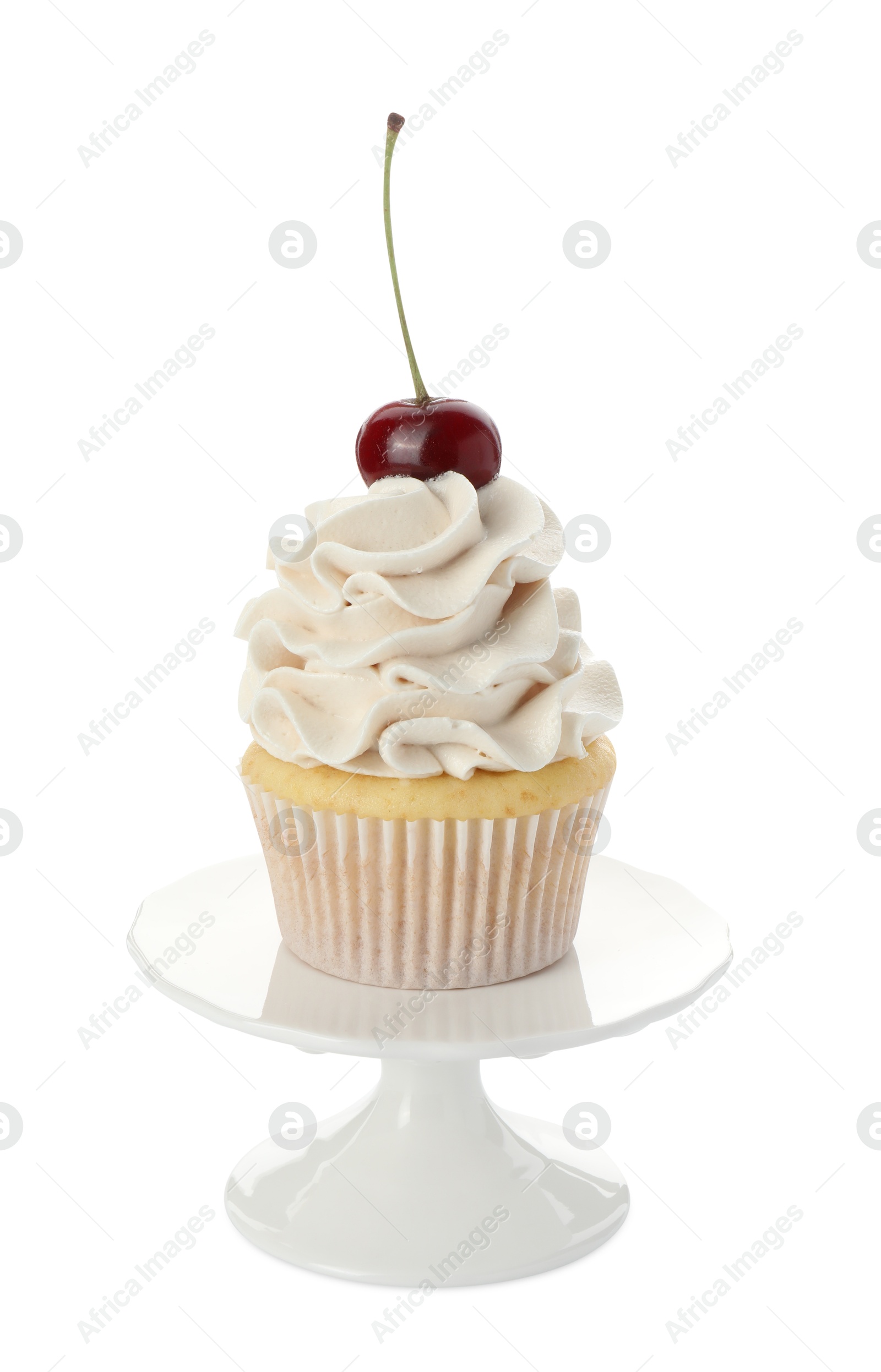 Photo of Delicious cupcake with cream and cherry isolated on white