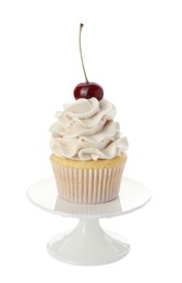 Delicious cupcake with cream and cherry isolated on white