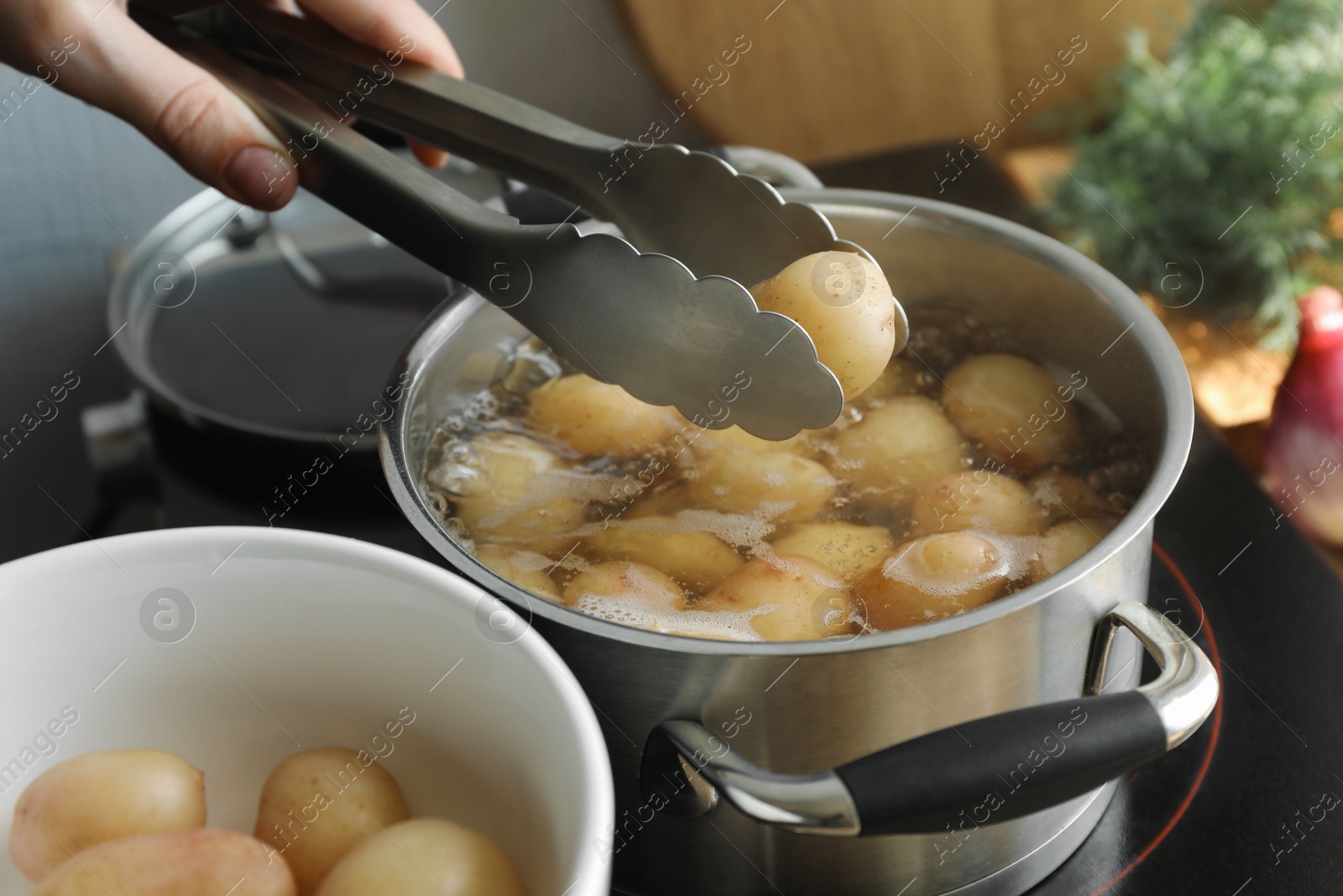 Photo of Woman putting potato into pot on stove, closeup