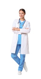 Photo of Nurse in medical uniform with stethoscope on white background