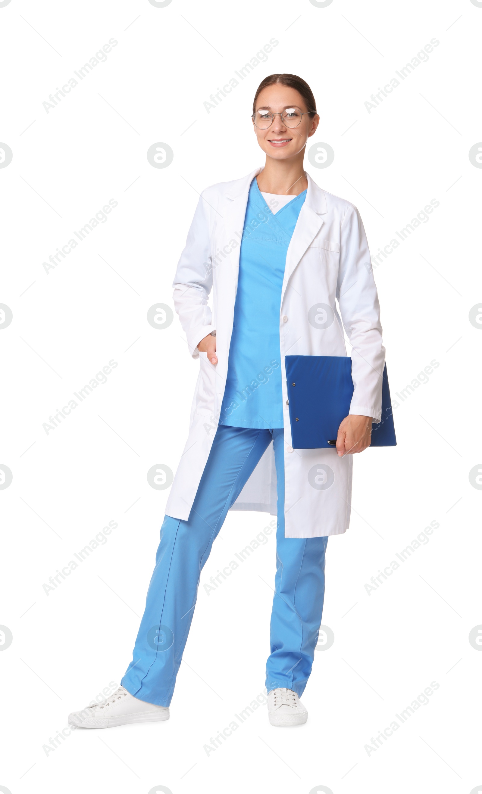 Photo of Nurse in medical uniform with clipboard on white background