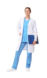 Nurse in medical uniform with clipboard on white background