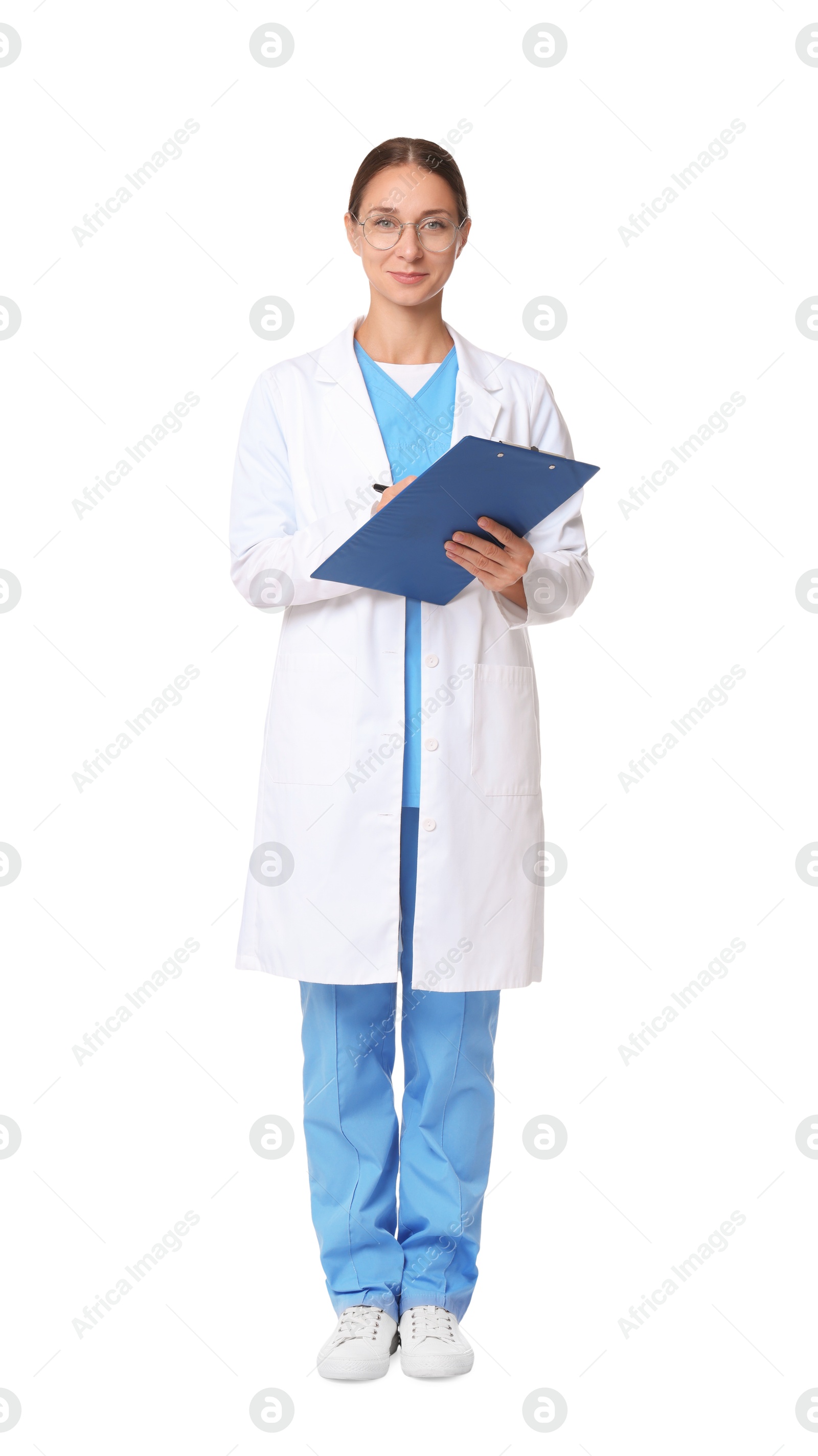 Photo of Nurse in medical uniform with clipboard on white background