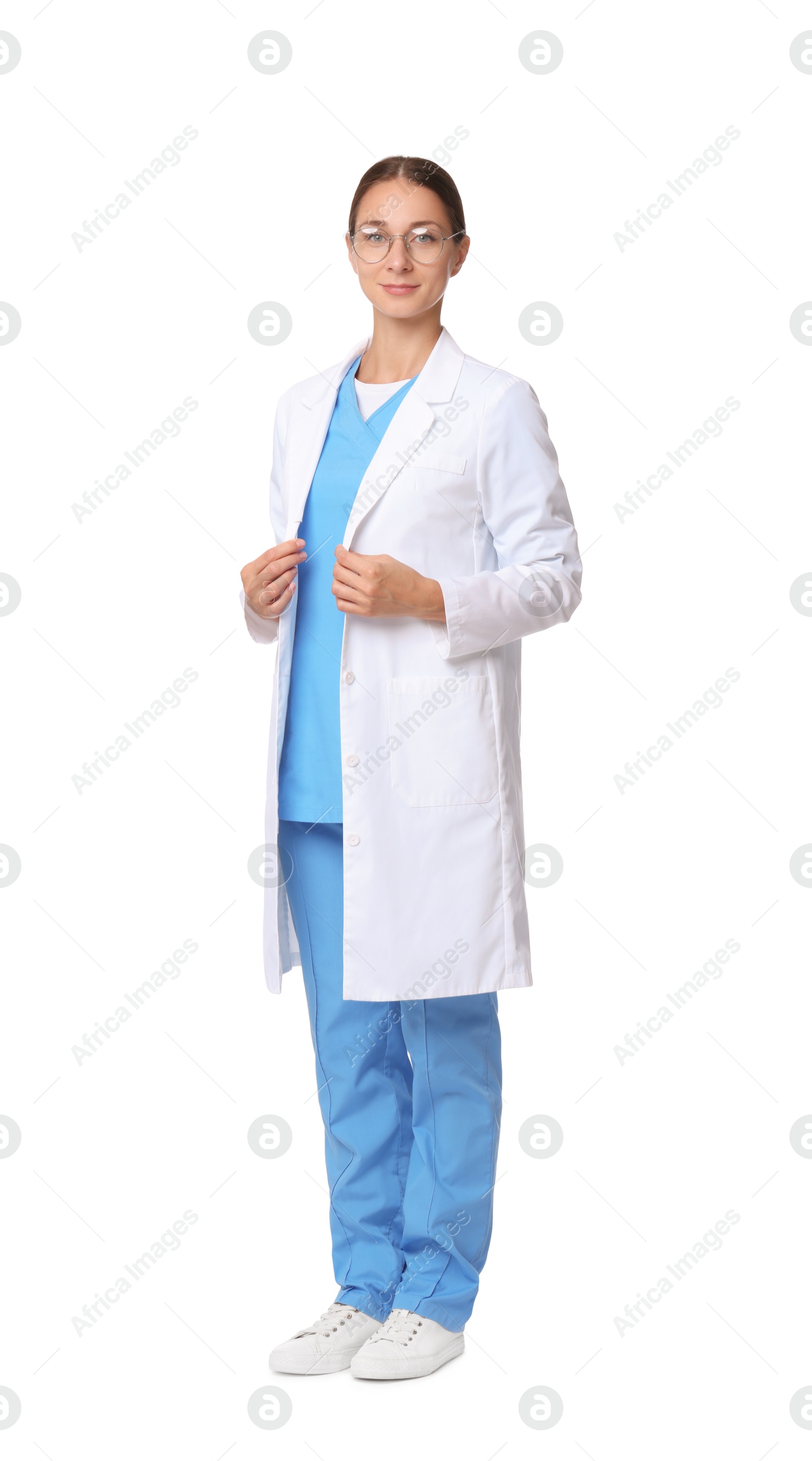 Photo of Nurse in medical uniform on white background