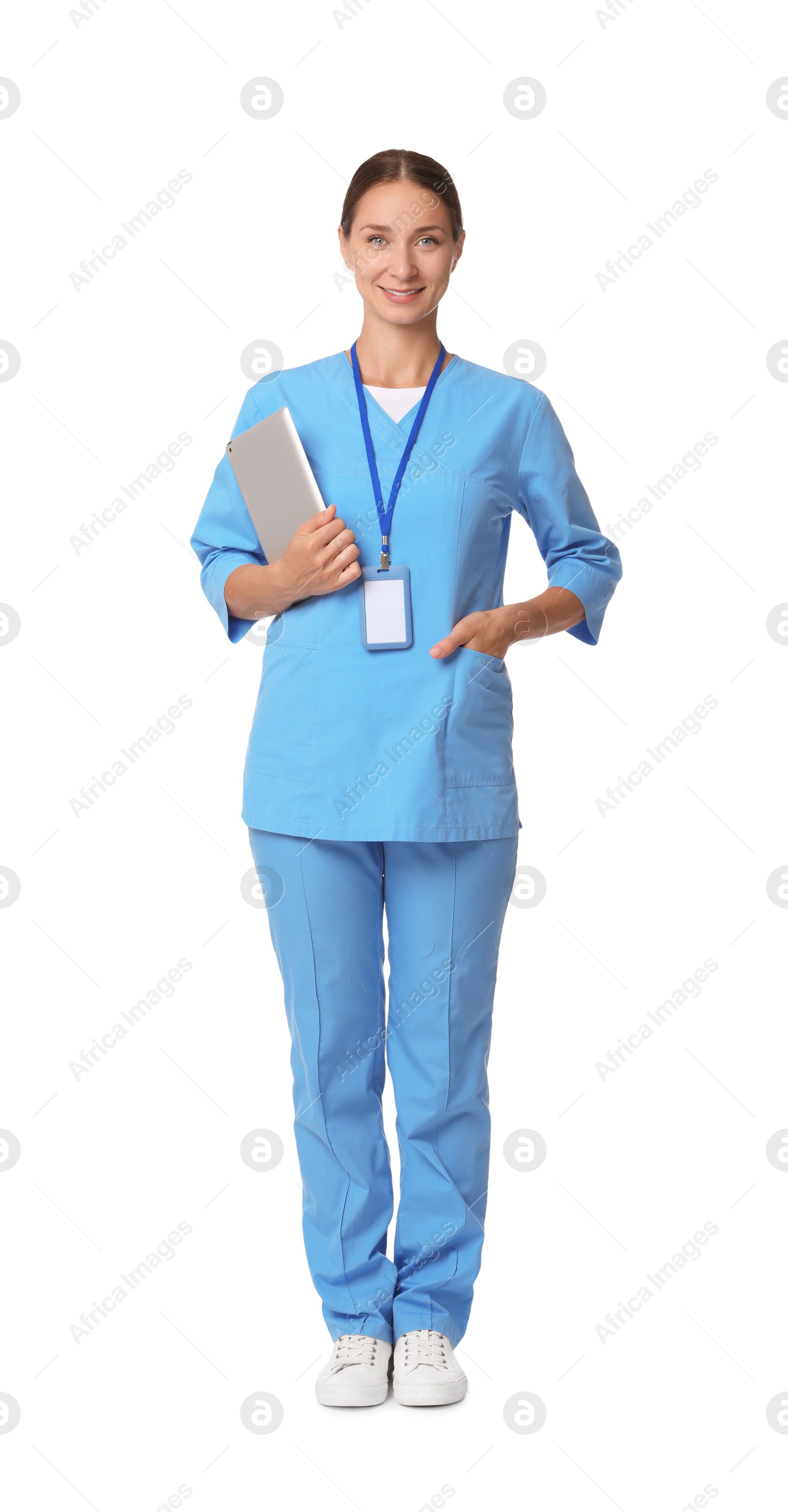 Photo of Nurse in medical uniform with tablet on white background