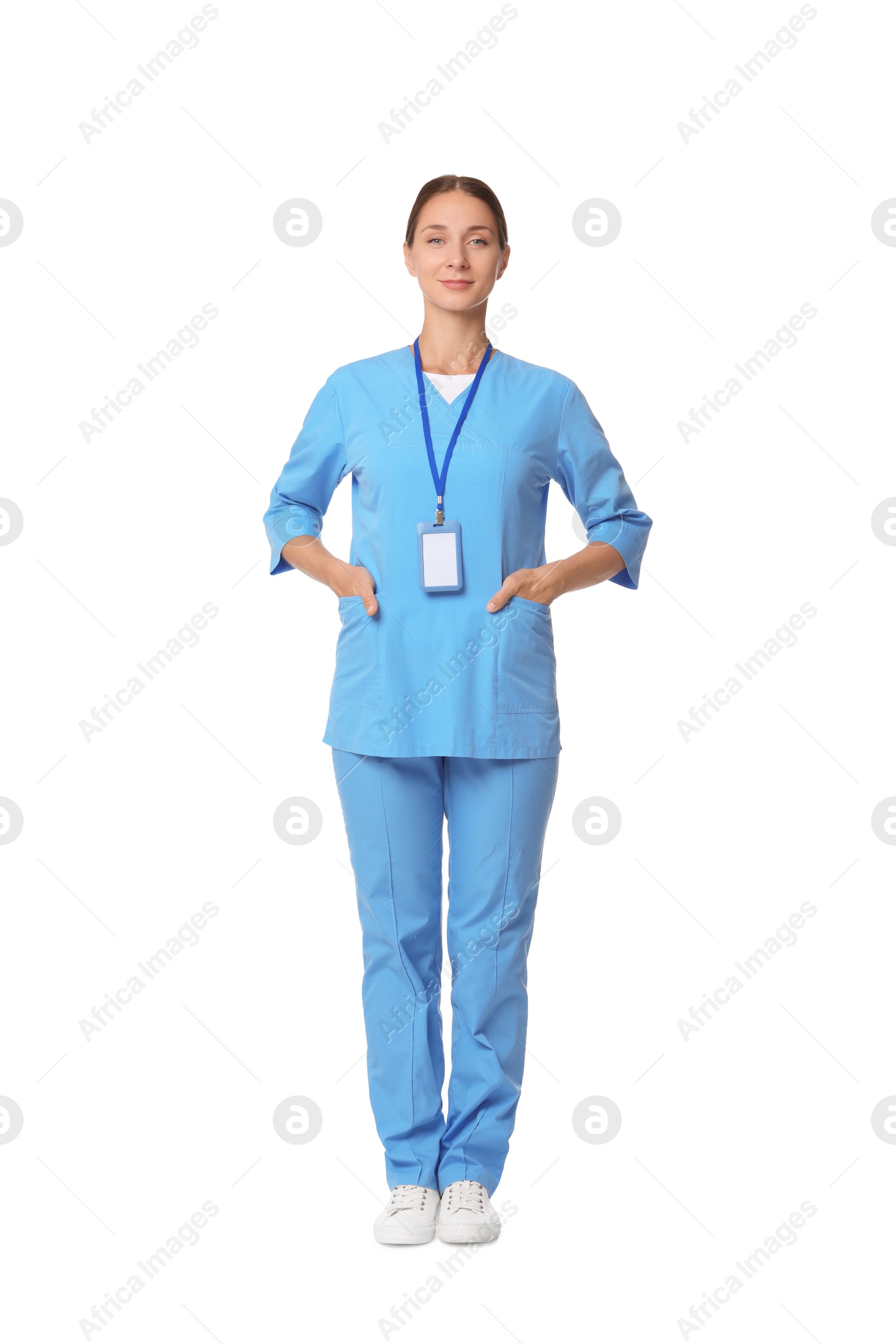 Photo of Nurse in medical uniform with badge on white background