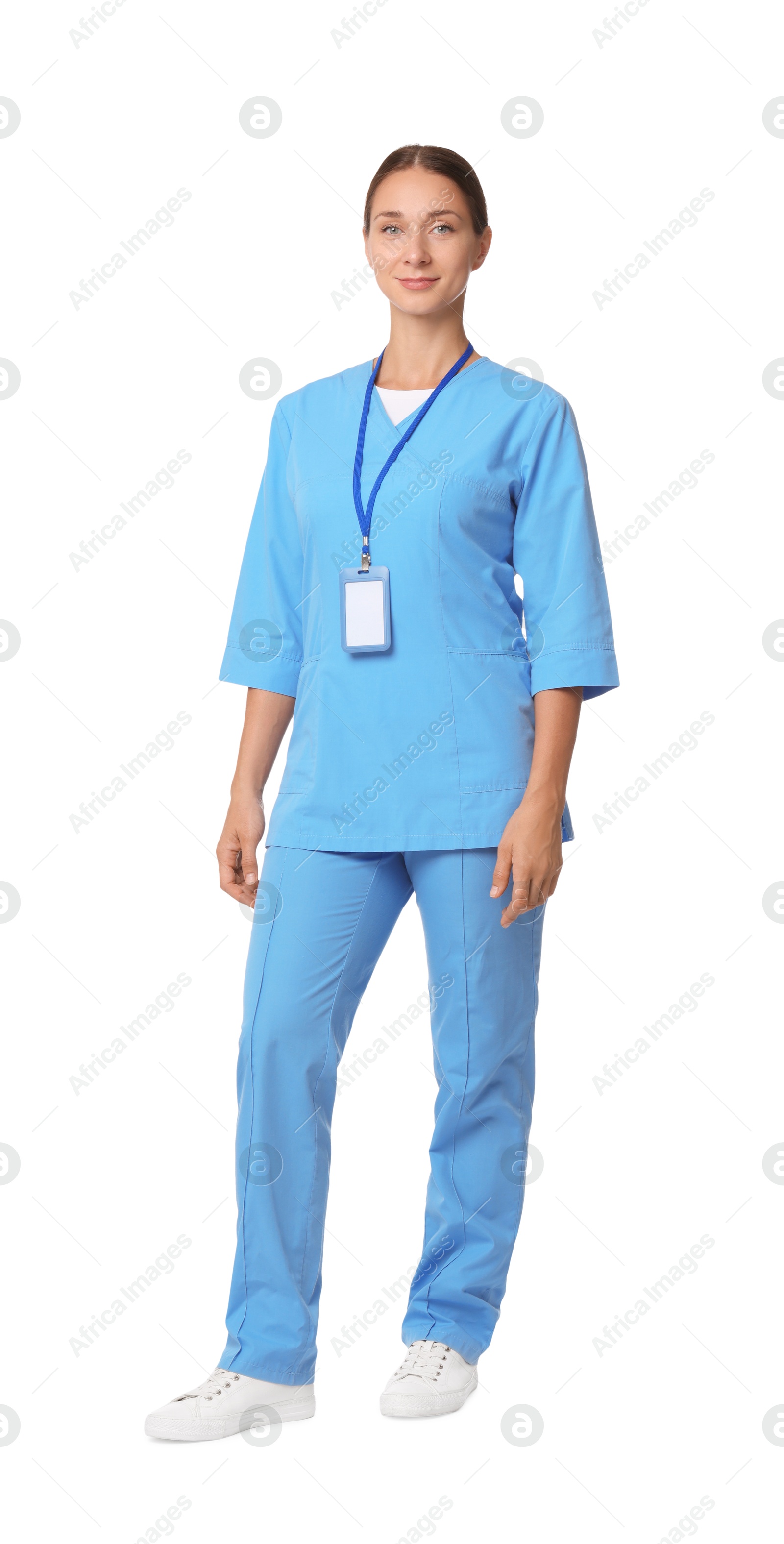 Photo of Nurse in medical uniform with badge on white background