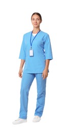 Photo of Nurse in medical uniform with badge on white background