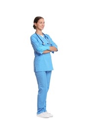 Photo of Nurse in medical uniform with stethoscope on white background