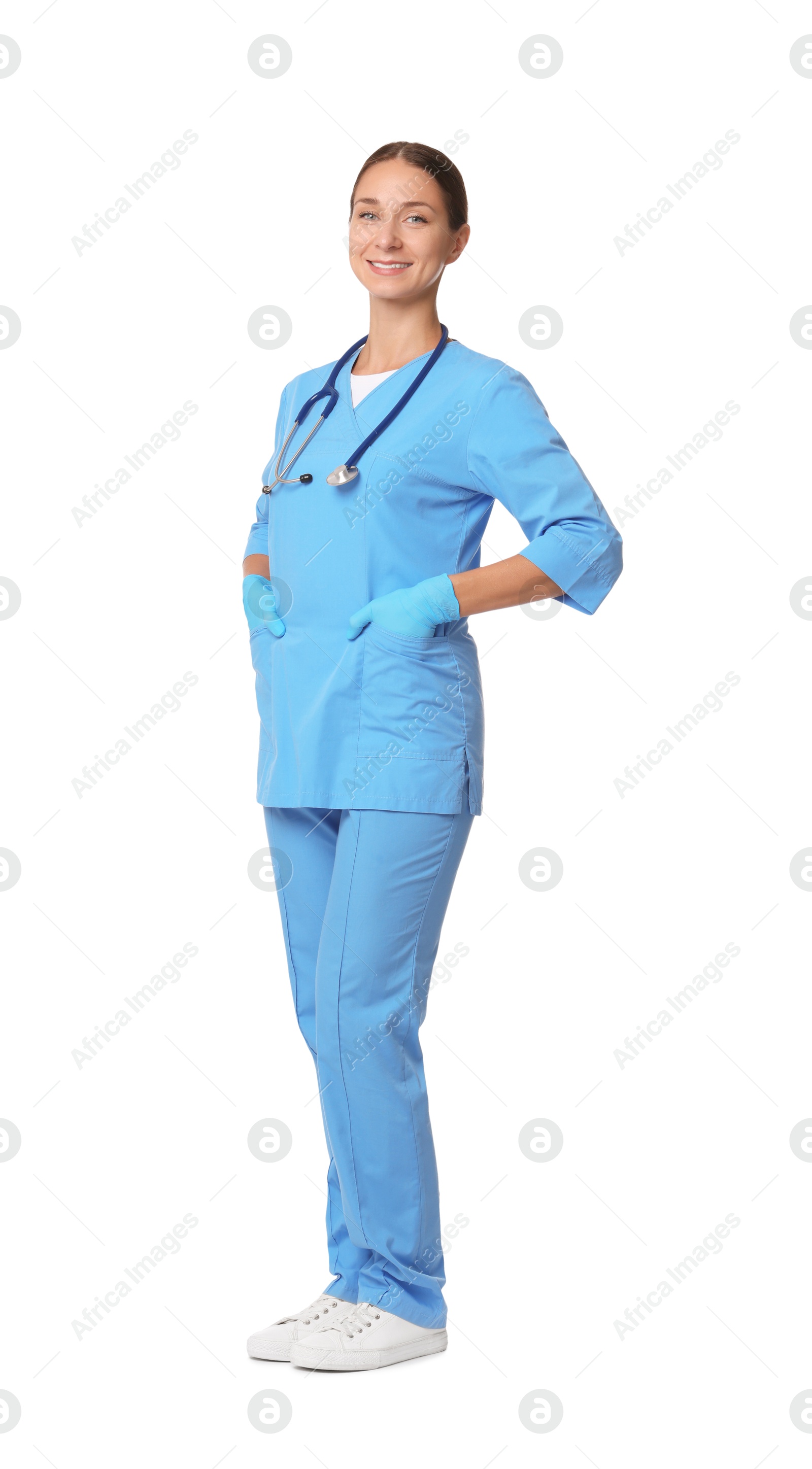 Photo of Nurse in medical uniform with stethoscope on white background