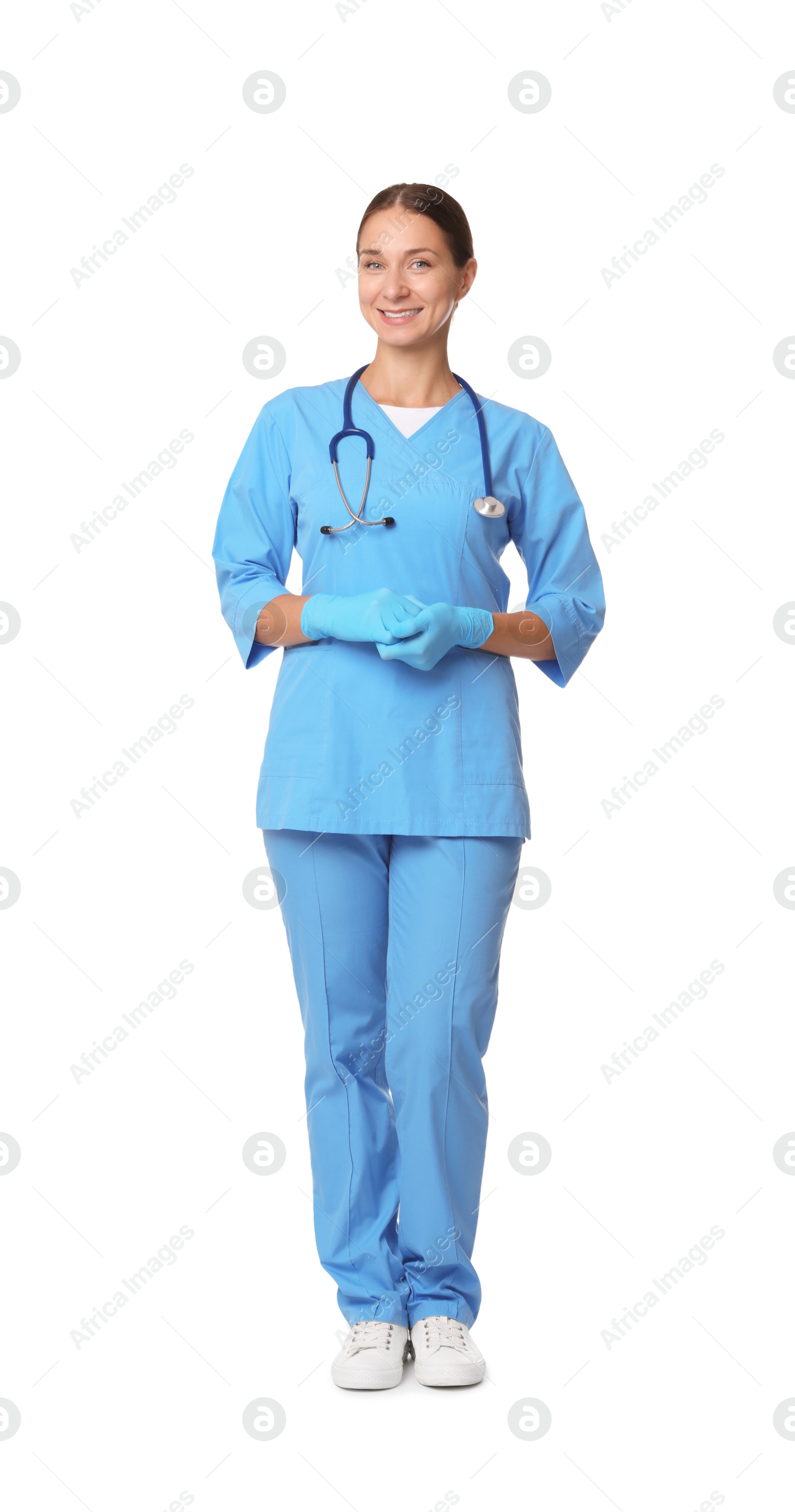 Photo of Nurse in medical uniform with stethoscope on white background