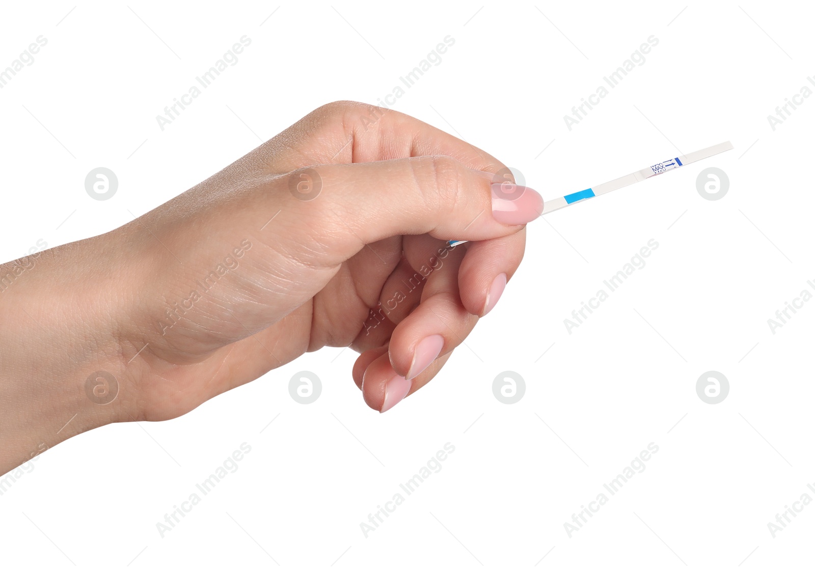 Photo of Woman holding pregnancy test on white background, closeup