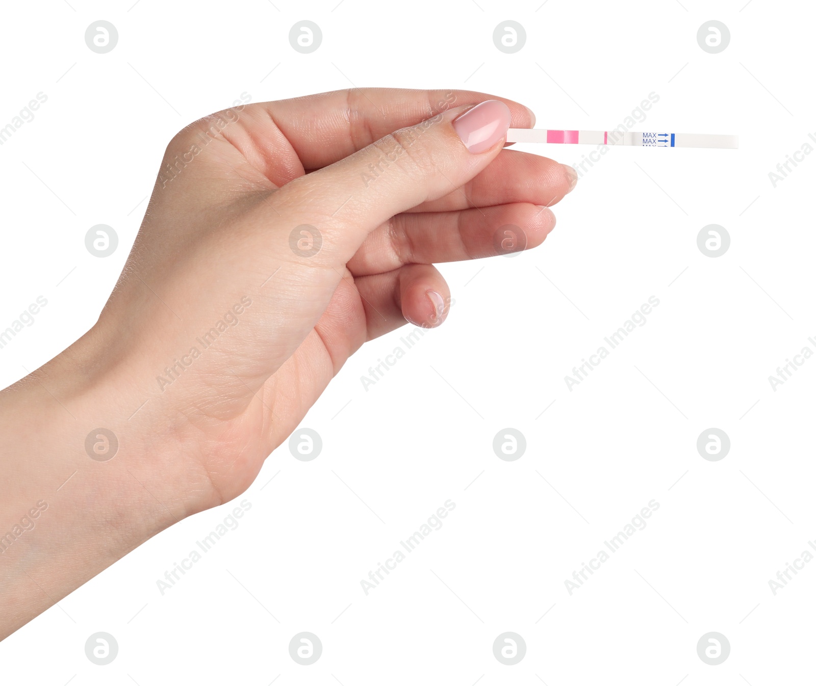 Photo of Woman holding pregnancy test on white background, closeup