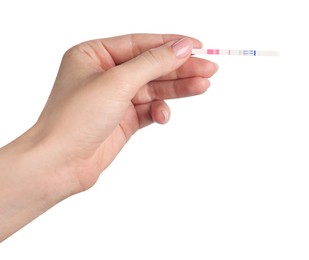 Photo of Woman holding pregnancy test on white background, closeup