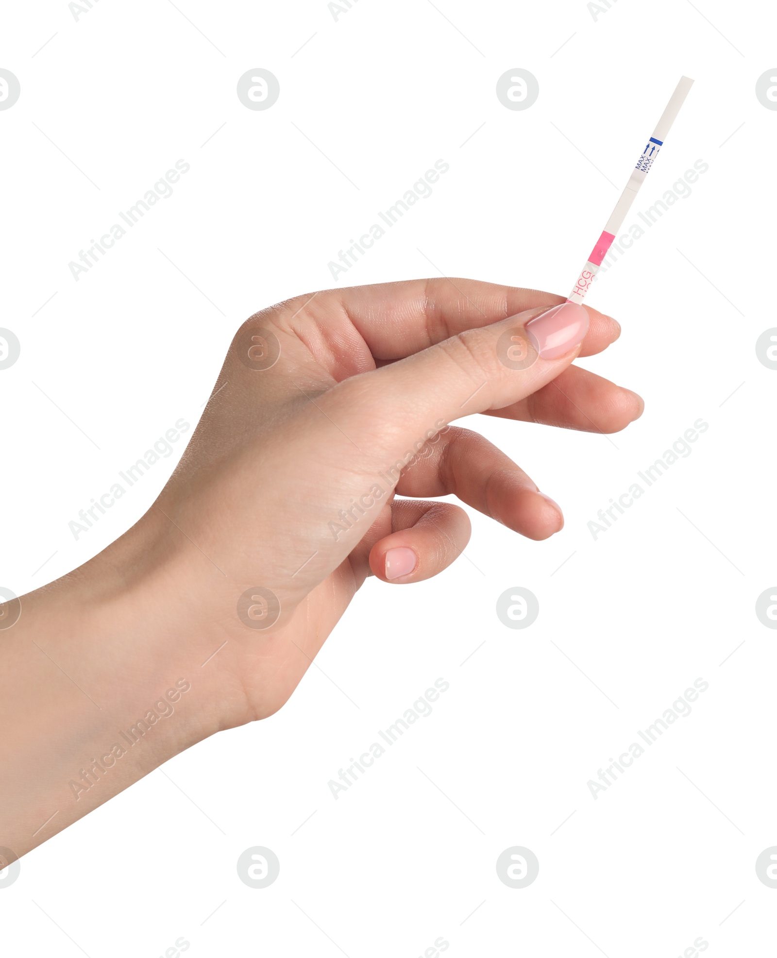 Photo of Woman holding pregnancy test on white background, closeup