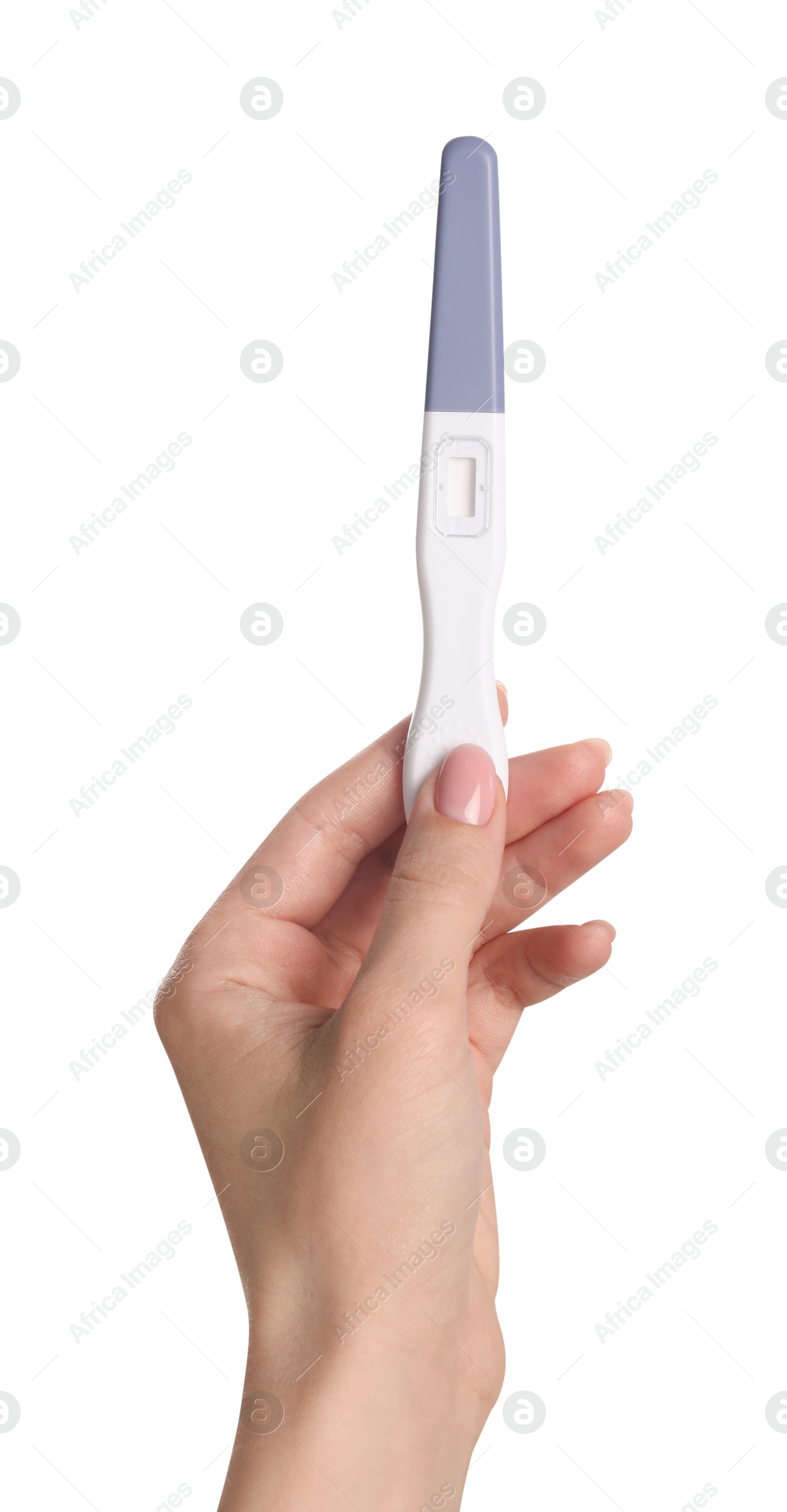 Photo of Woman holding pregnancy test on white background, closeup