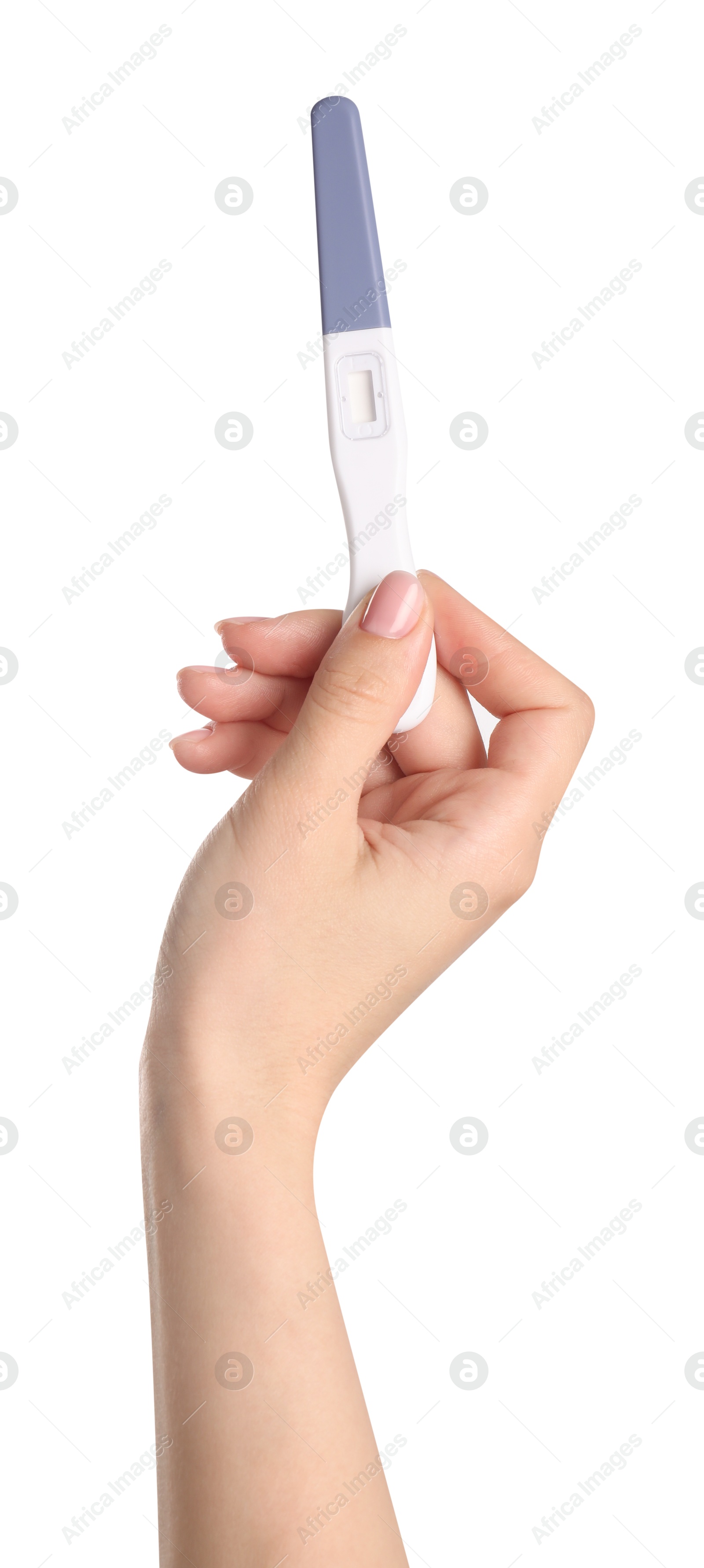 Photo of Woman holding pregnancy test on white background, closeup