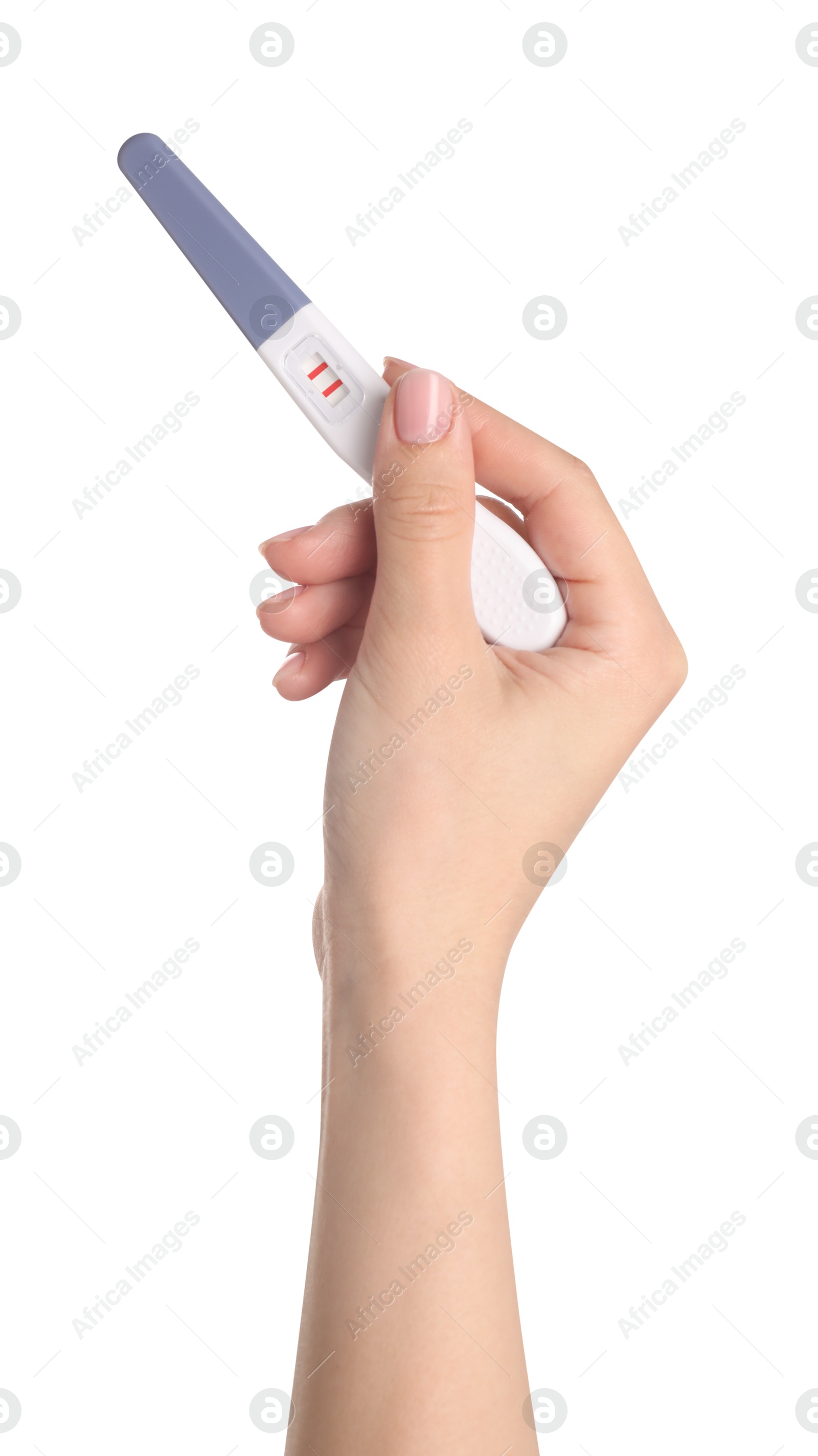 Photo of Woman holding pregnancy test on white background, closeup