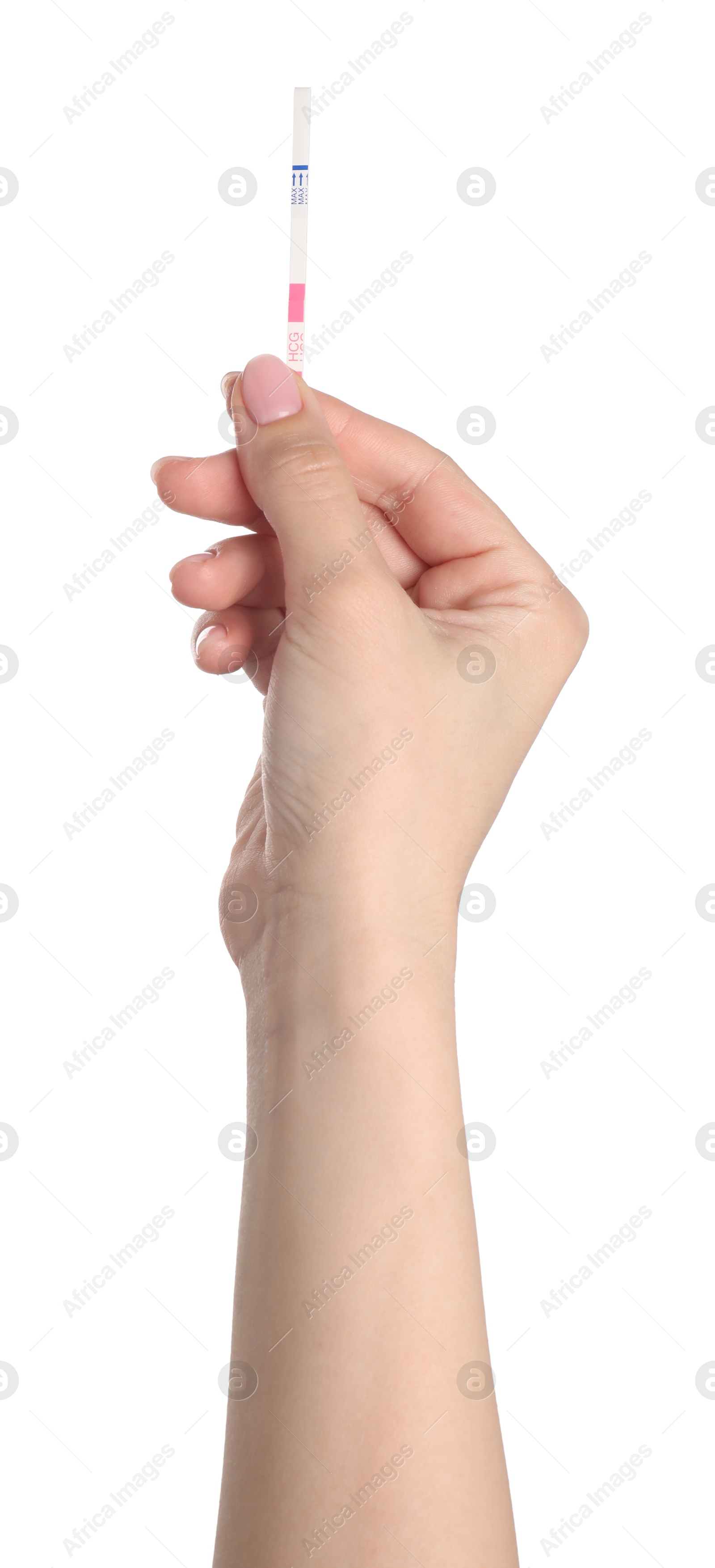 Photo of Woman holding pregnancy test on white background, closeup