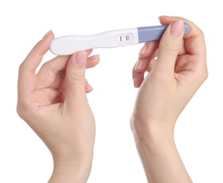 Woman holding pregnancy test on white background, closeup