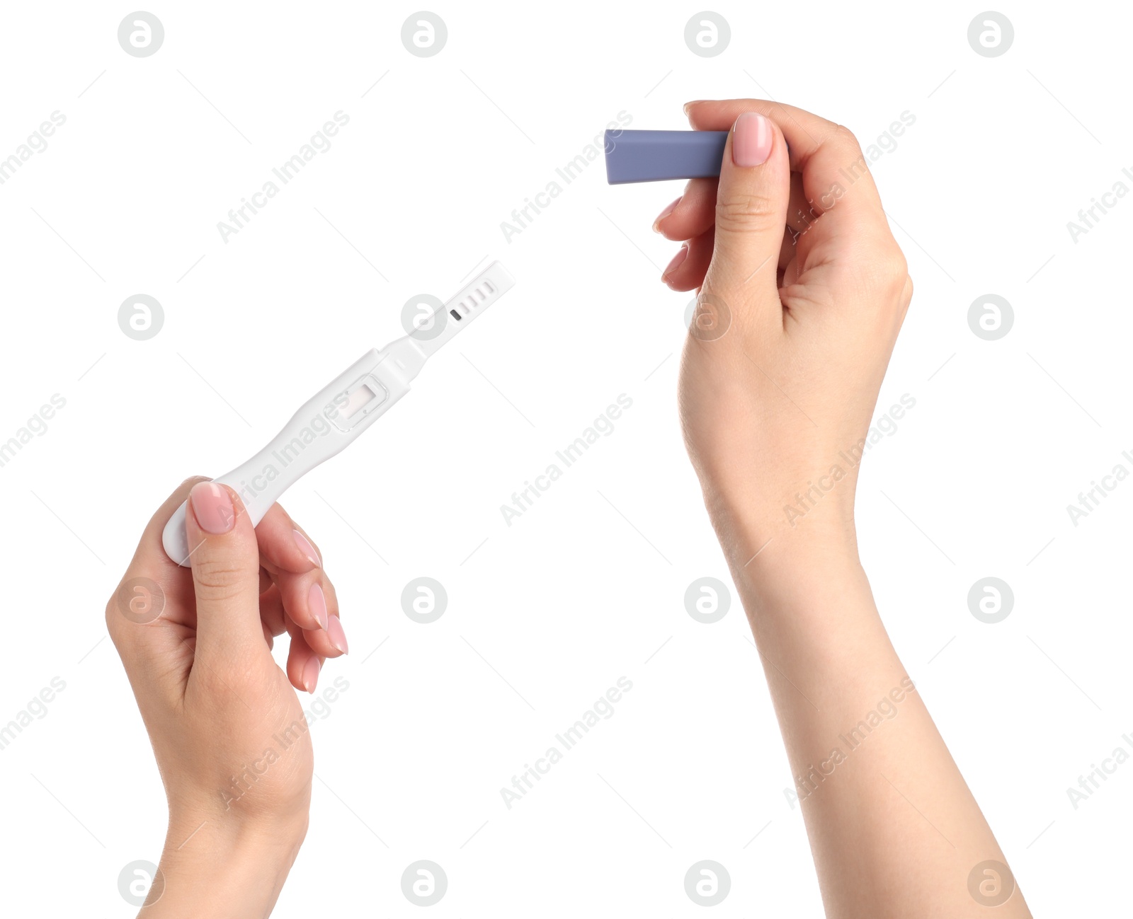 Photo of Woman holding pregnancy test on white background, closeup