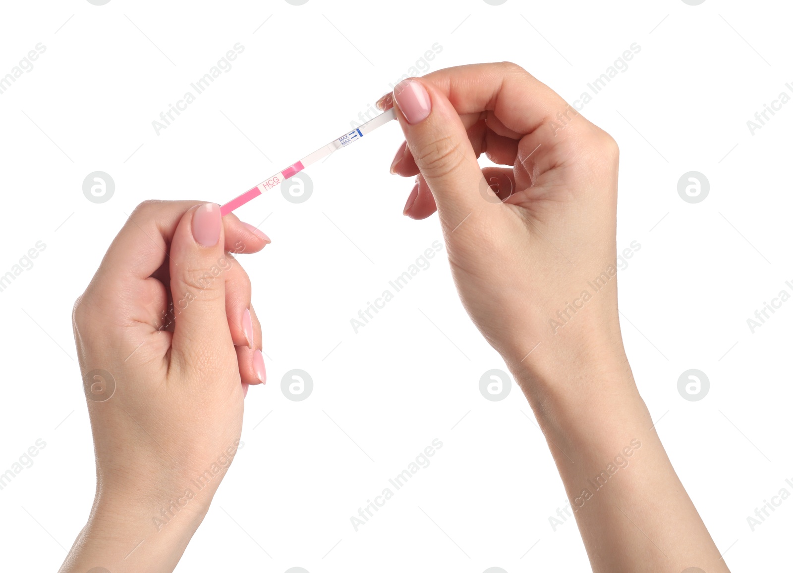 Photo of Woman holding pregnancy test on white background, closeup