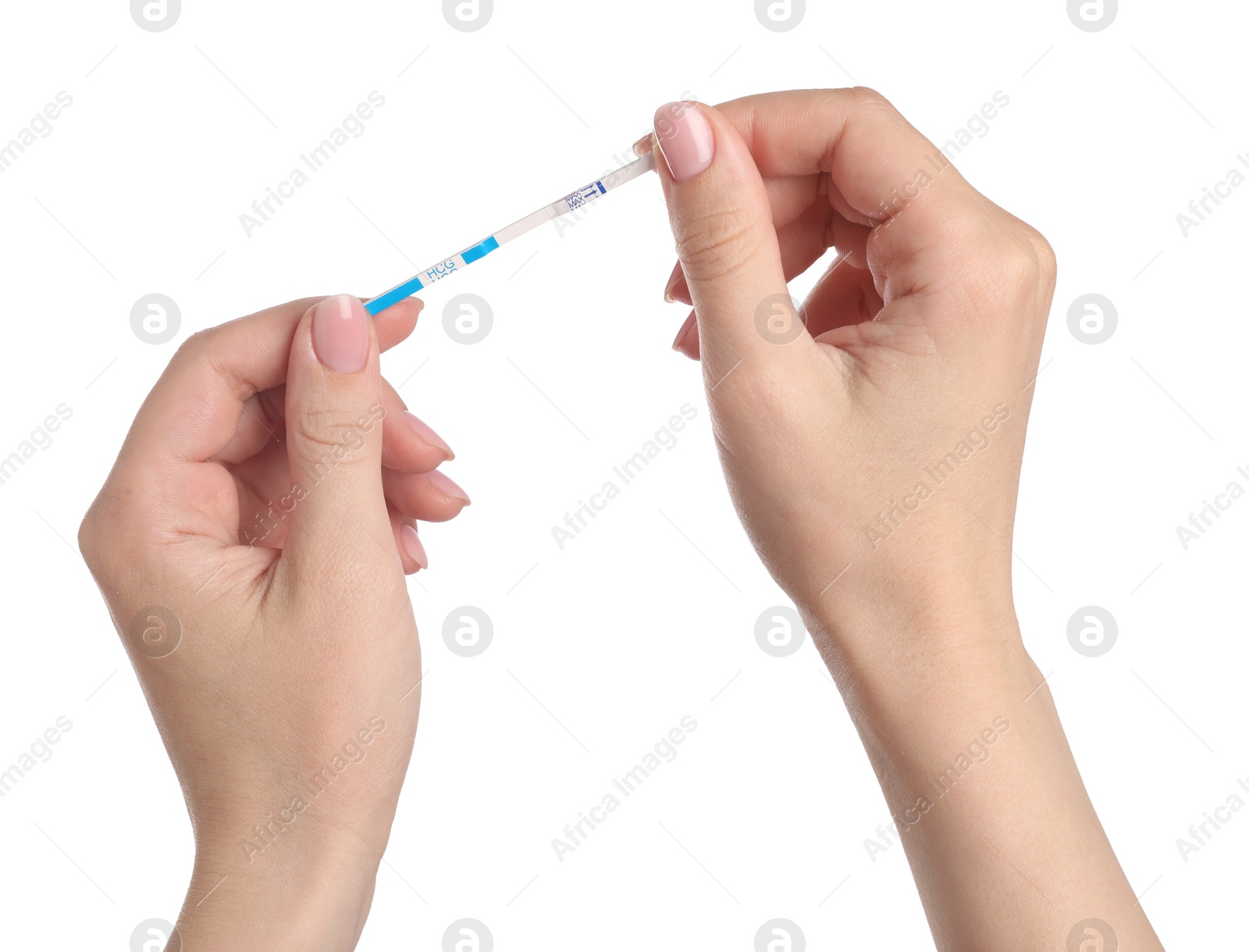 Photo of Woman holding pregnancy test on white background, closeup