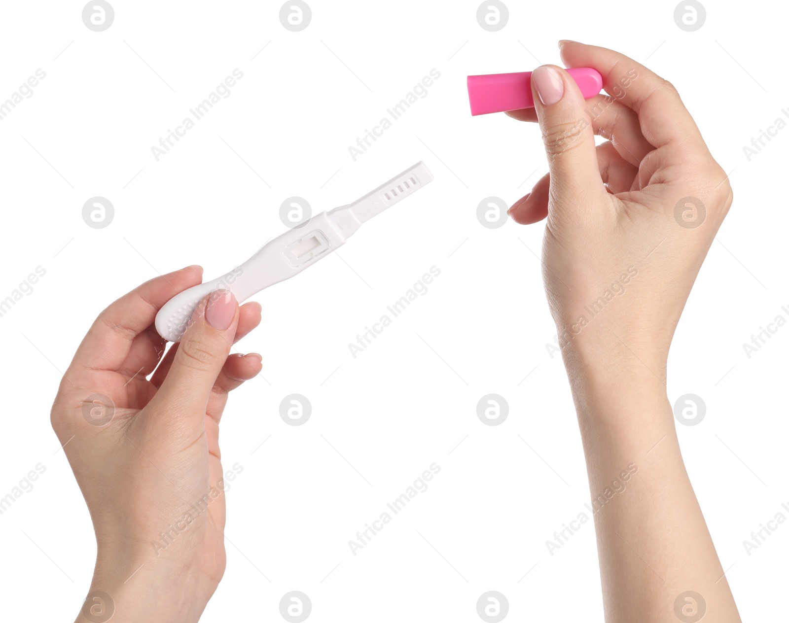 Photo of Woman holding pregnancy test on white background, closeup