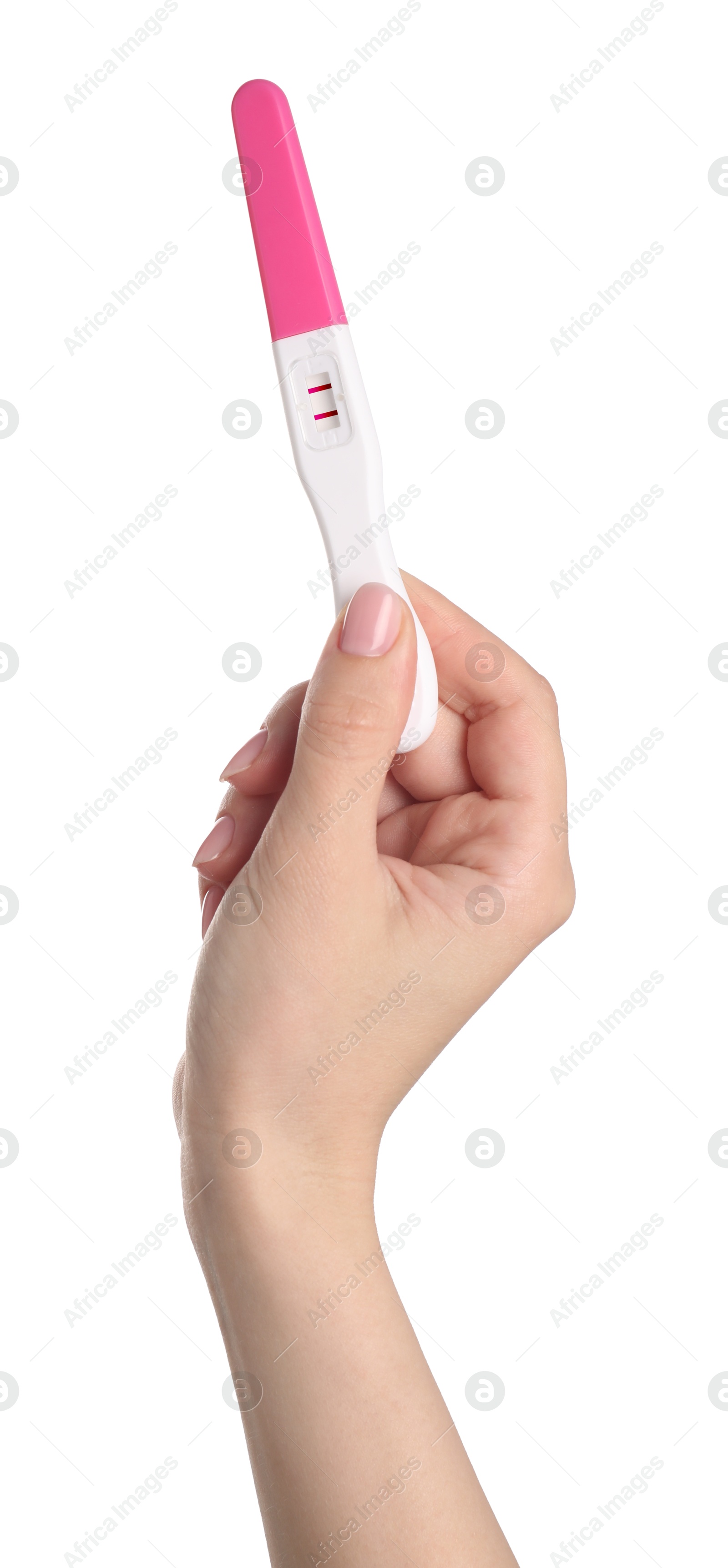 Photo of Woman holding pregnancy test on white background, closeup