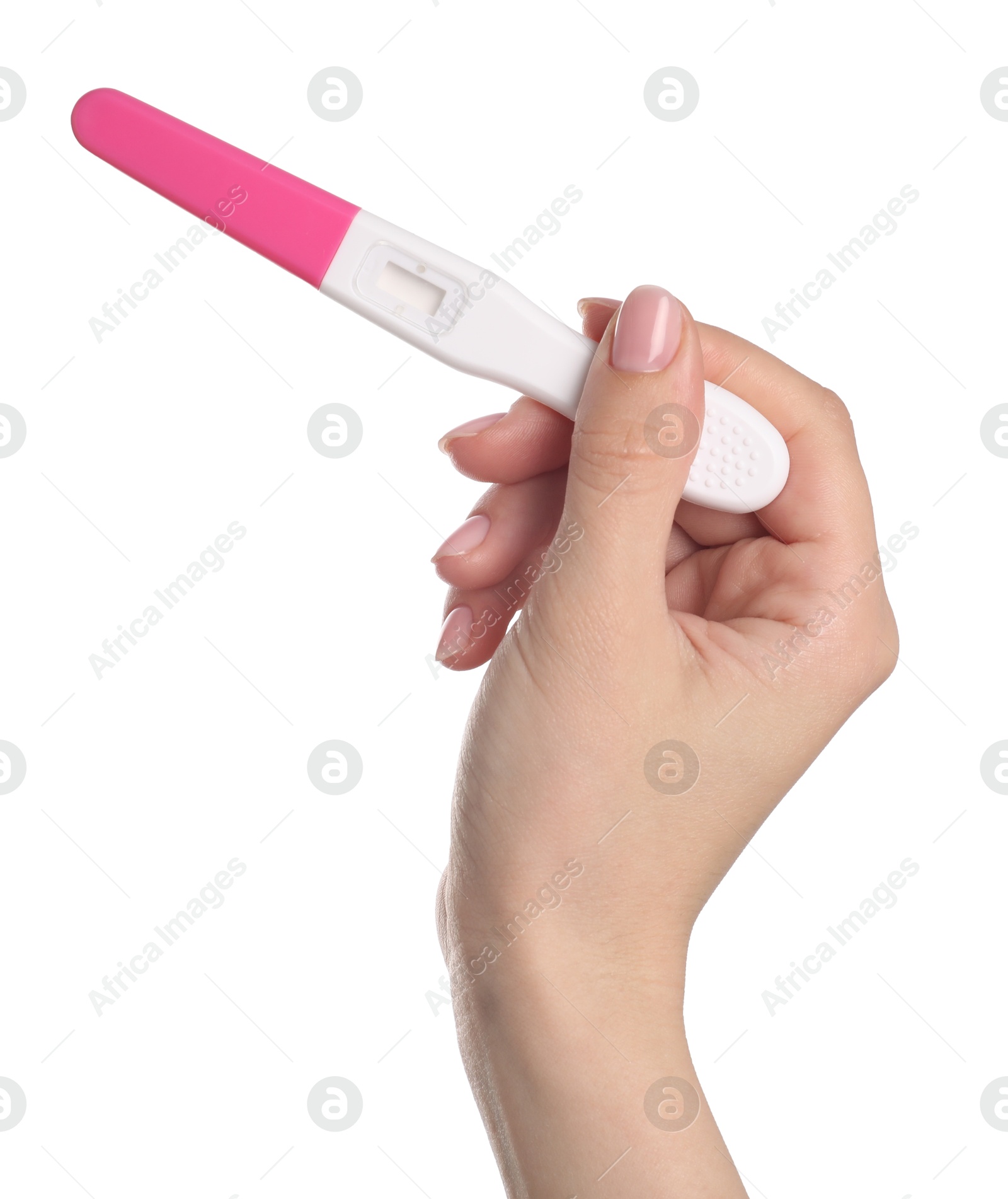 Photo of Woman holding pregnancy test on white background, closeup